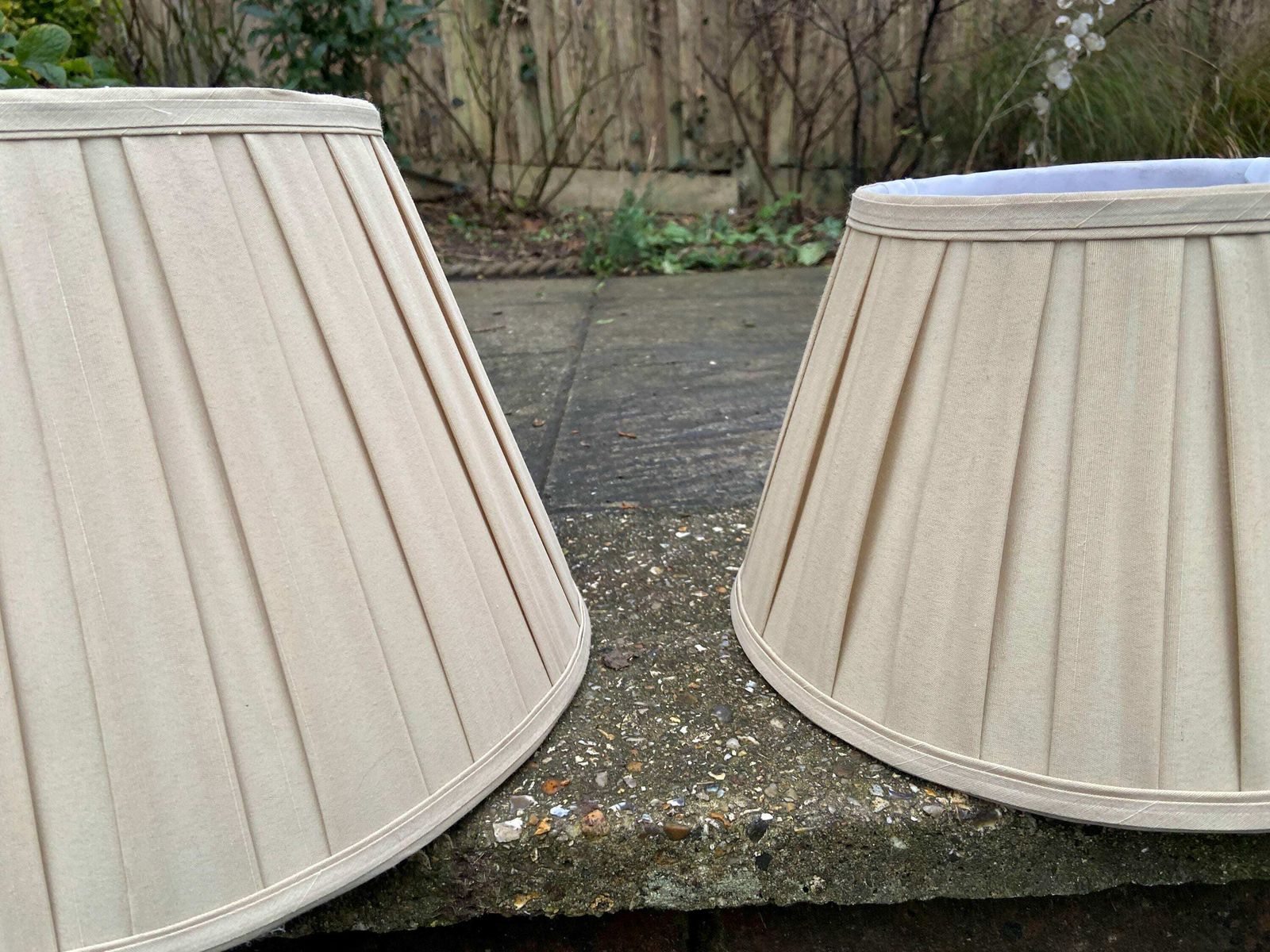 Two Matching Vintage Pleated Gold Sand Coloured Empire Shape   Perfect For Table Lamps 14 Inch And 10.5 Inch photo 58.0