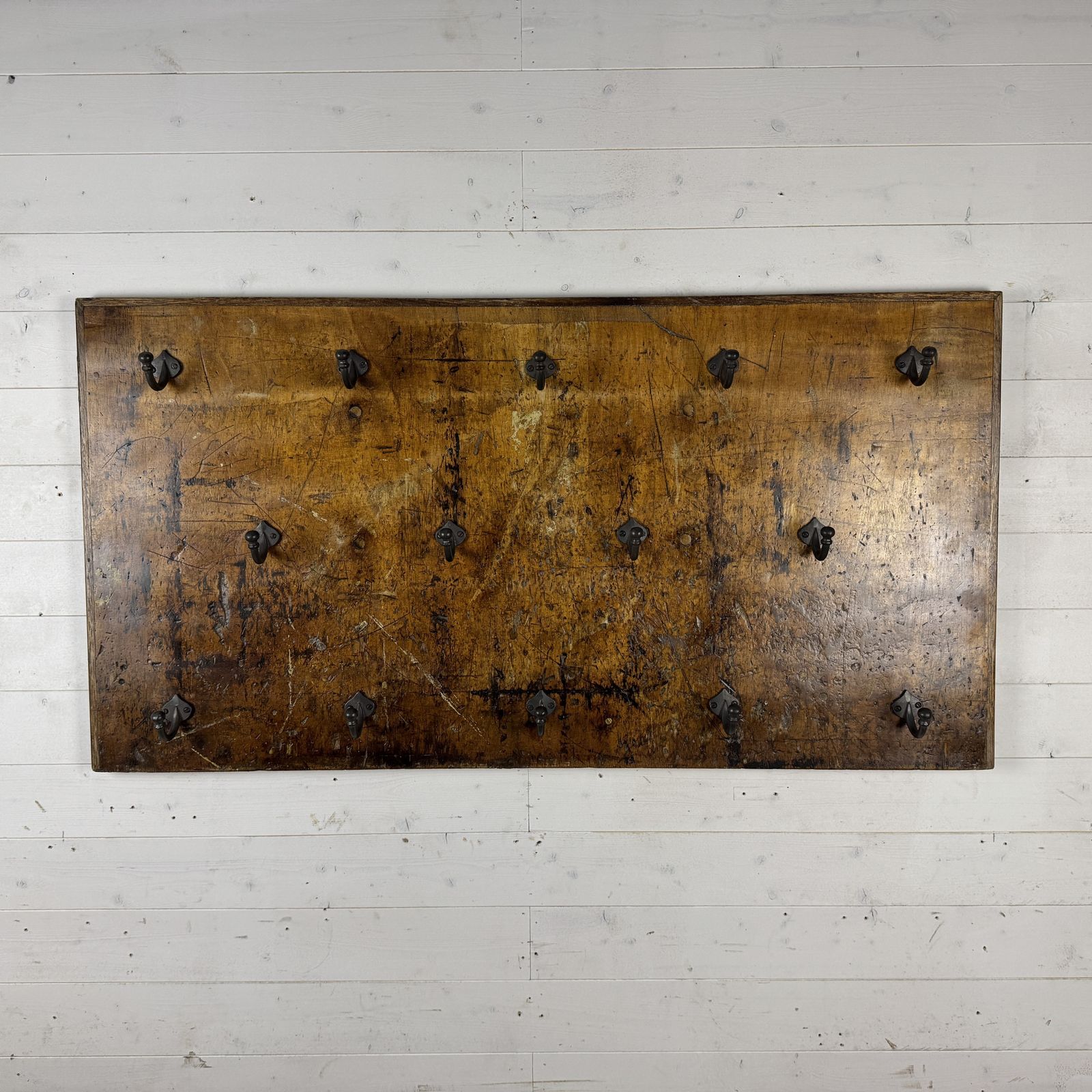 Set Of 14 Iron Hooks On Reclaimed Industrial Hardwood Board photo furniture