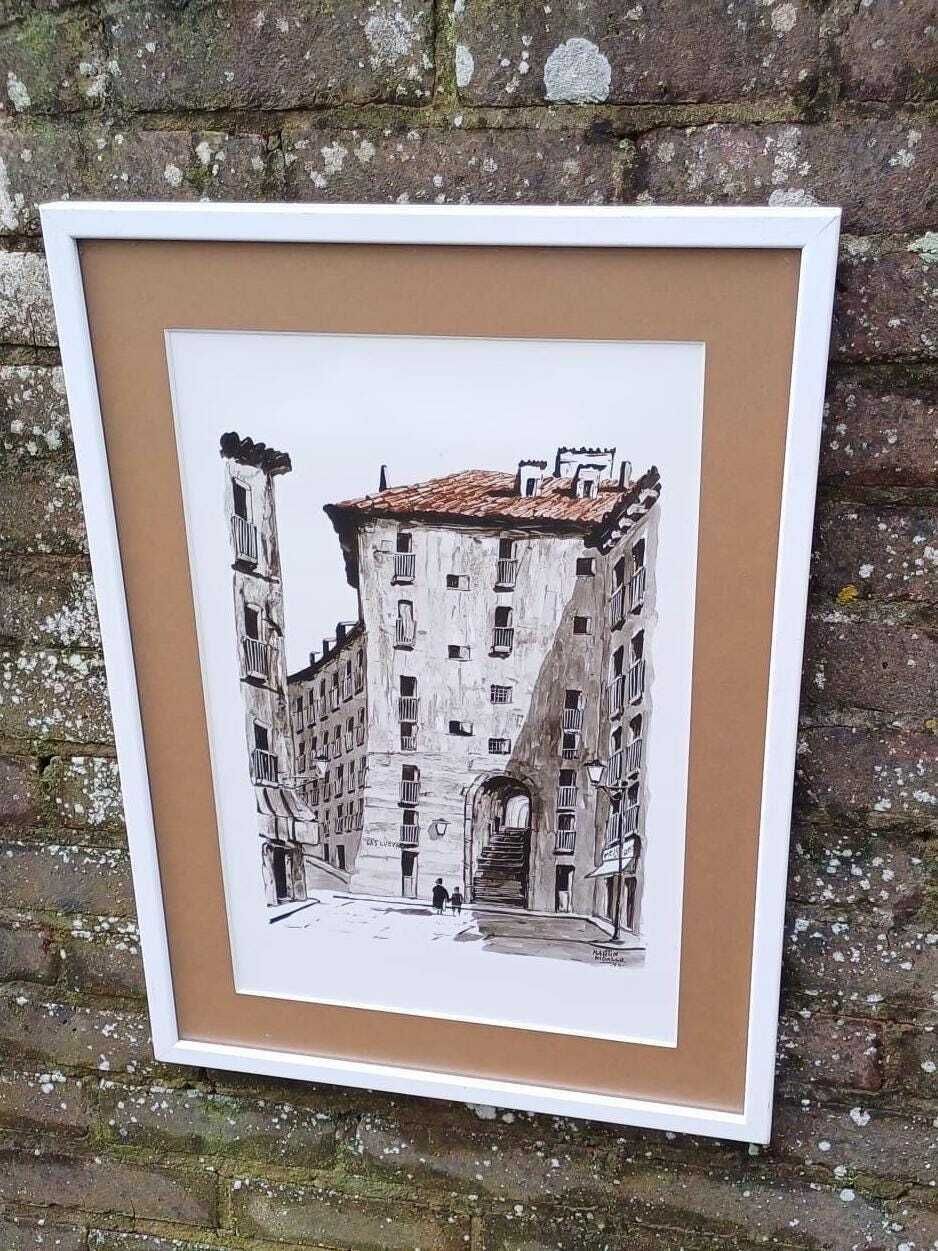 Spanish Vintage Water Colour By Martin Hidalgo 1975   Architectural And Townscape, Large Retro Painting In Quality Vintage Frame And Mount