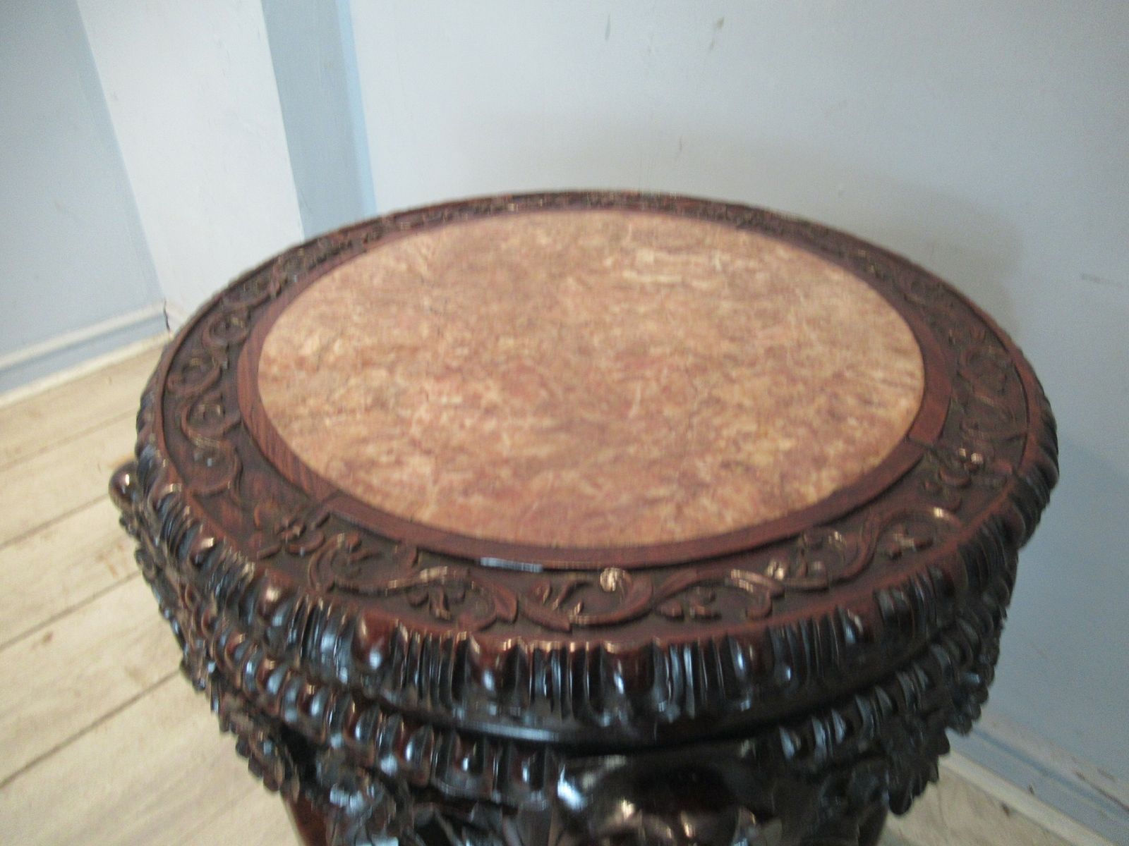 Fine Oriental  Hard Wood  Carved Stand With A Marble  Top photo vinterior