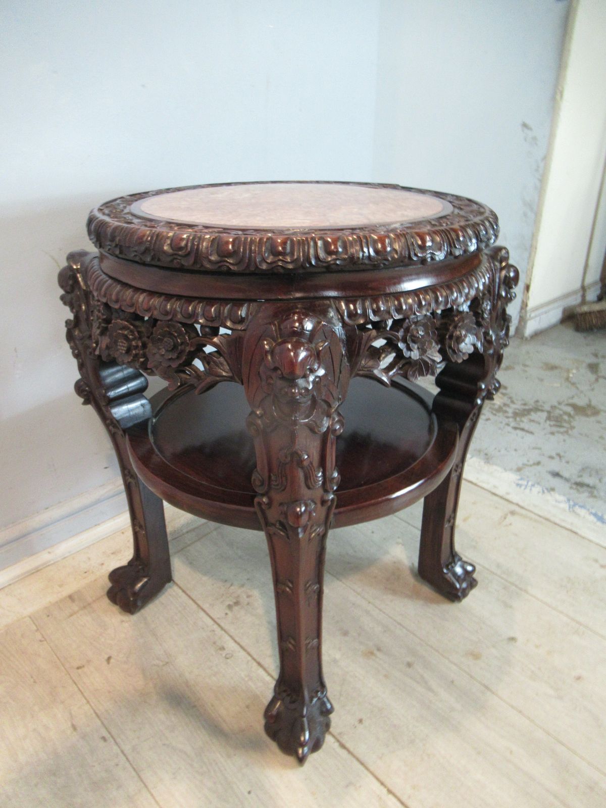 Fine Oriental  Hard Wood  Carved Stand With A Marble  Top photo vintage