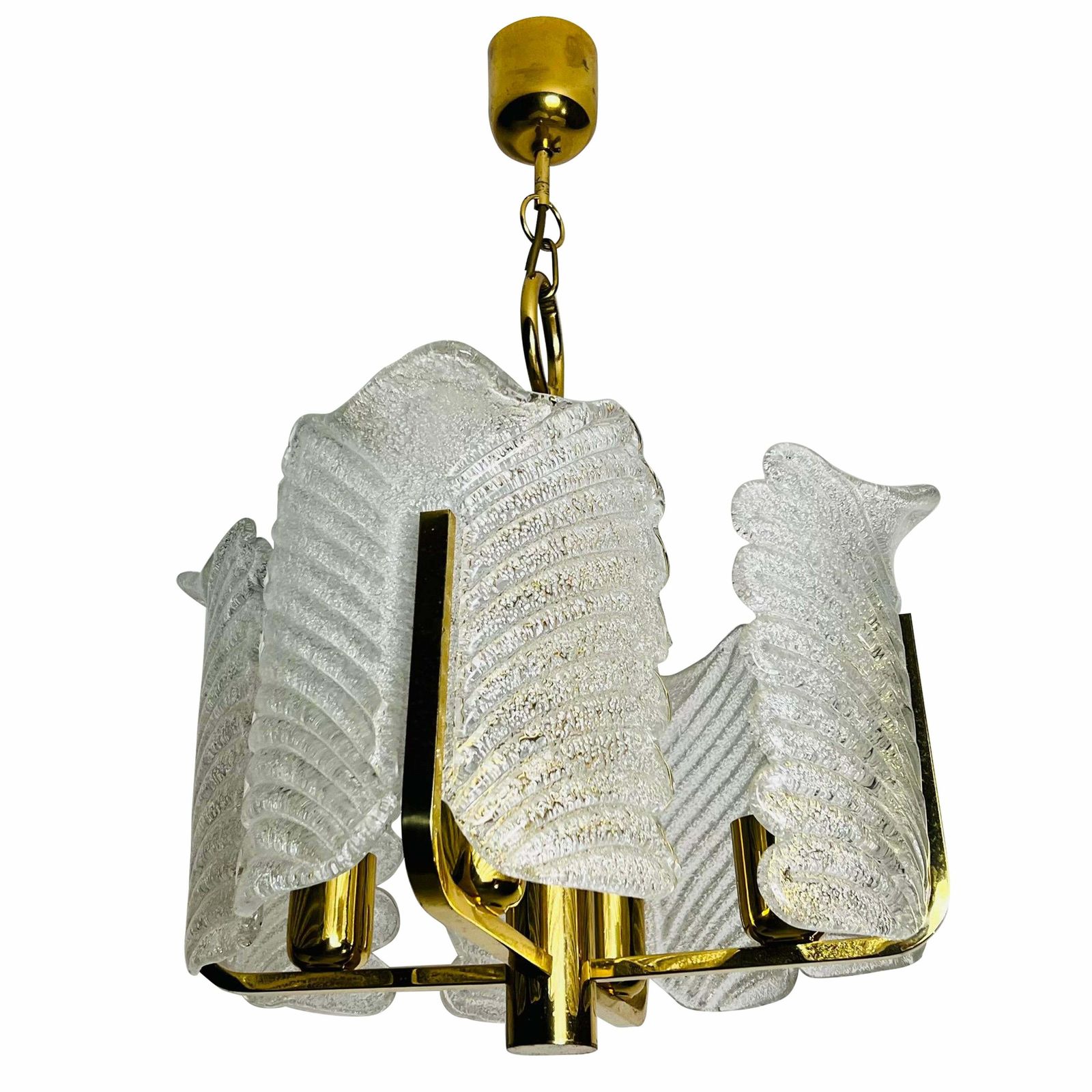 Large Rare Midcentury 4 Arm Brass And Ice Glass Chandelier, 1960s