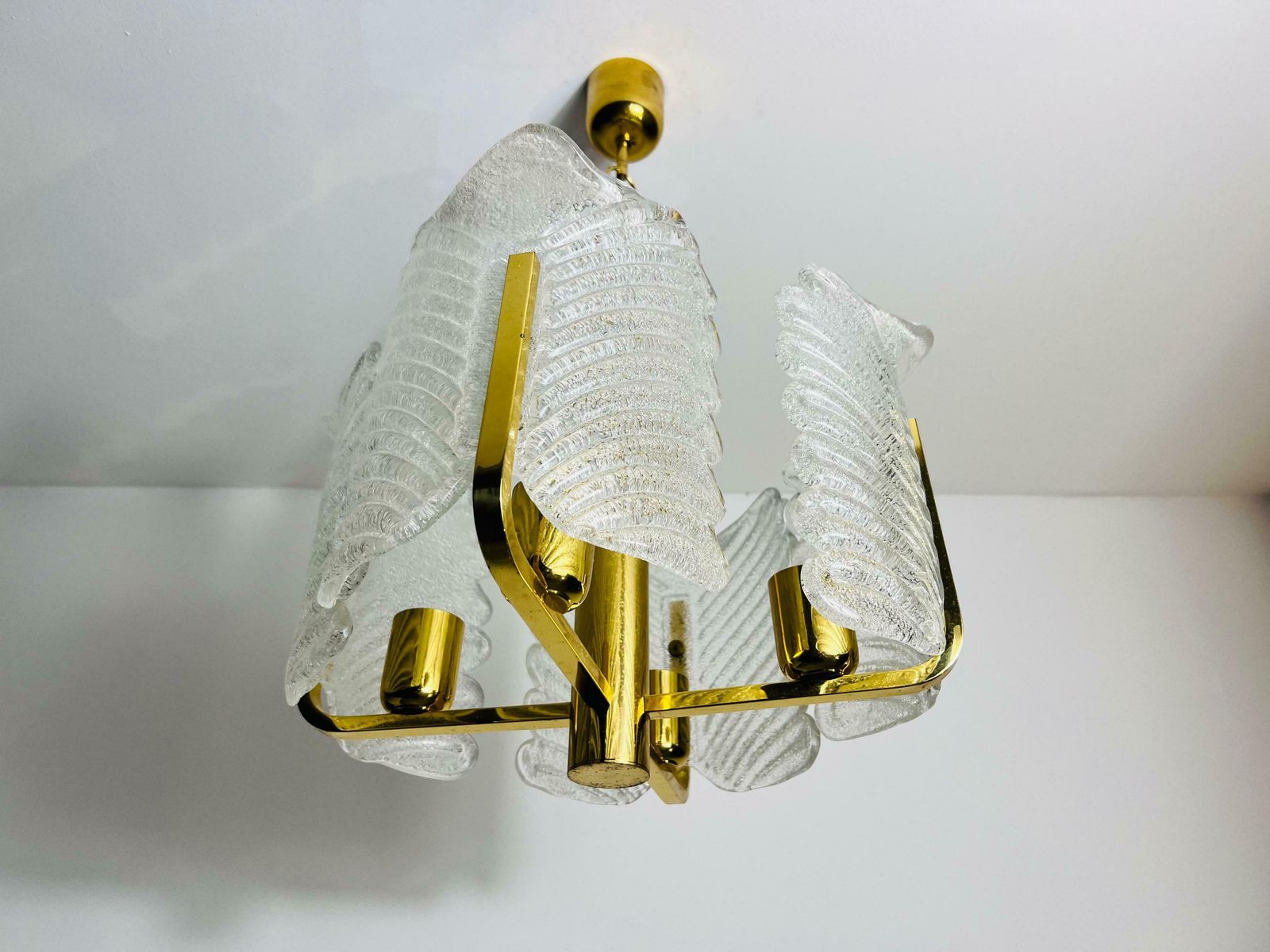 Large Rare Midcentury 4 Arm Brass And Ice Glass Chandelier, 1960s photo 1195.0
