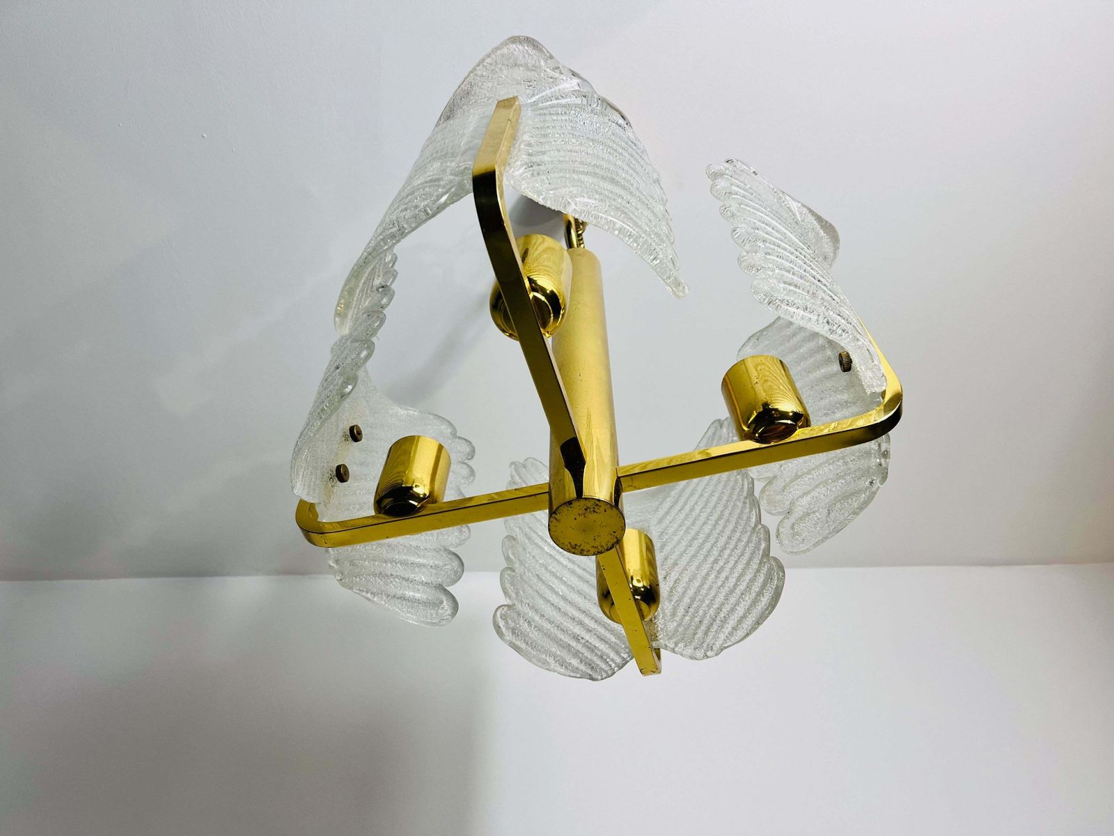 Large Rare Midcentury 4 Arm Brass And Ice Glass Chandelier, 1960s photo buy