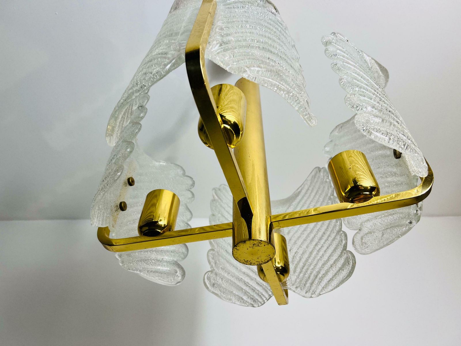 Large Rare Midcentury 4 Arm Brass And Ice Glass Chandelier, 1960s photo vintage