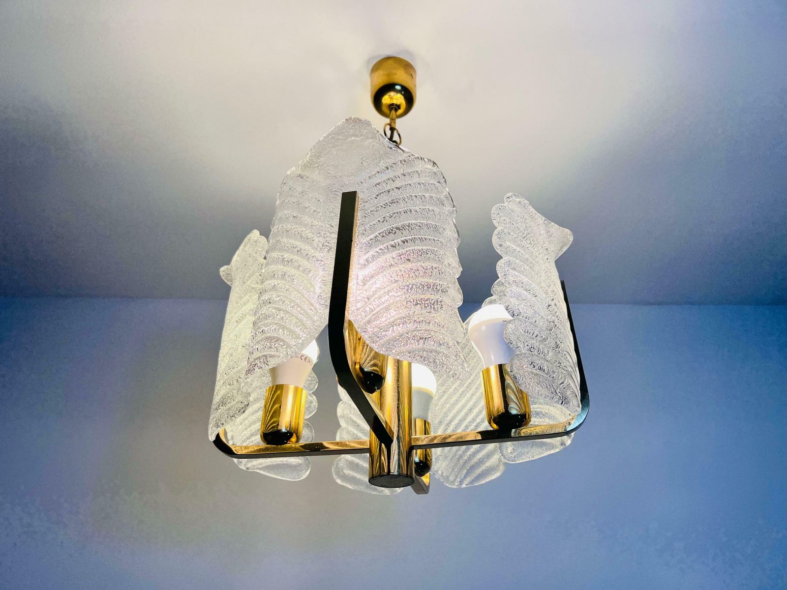 Lighting Large Rare Midcentury 4 Arm Brass And Ice Glass Chandelier, 1960s photo