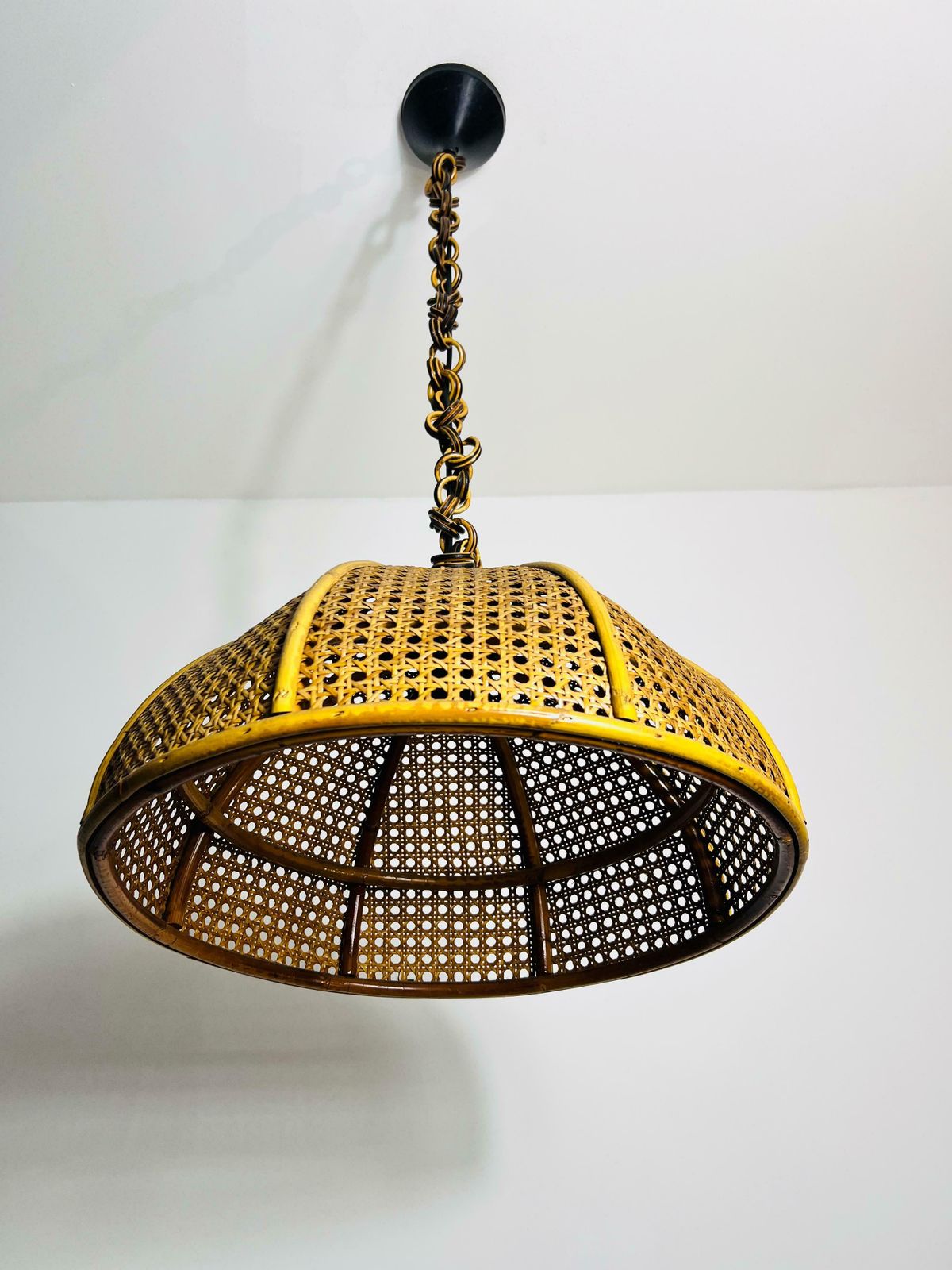 Midcentury Wooden Bamboo Pendant Lamp, Italy, 1960s photo vintage