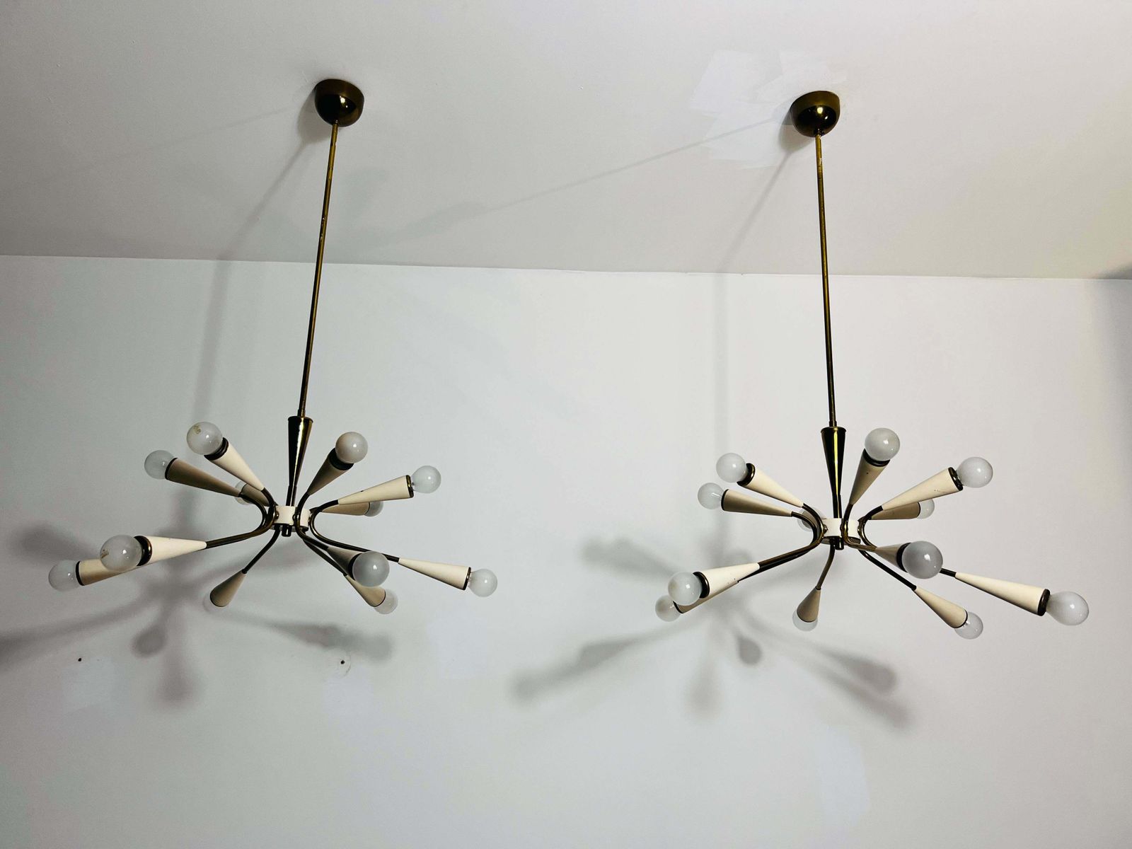 1 Of 2 Mid Century Brass 12 Arm Sputnik Chandelier, 1950s, Italy photo buy
