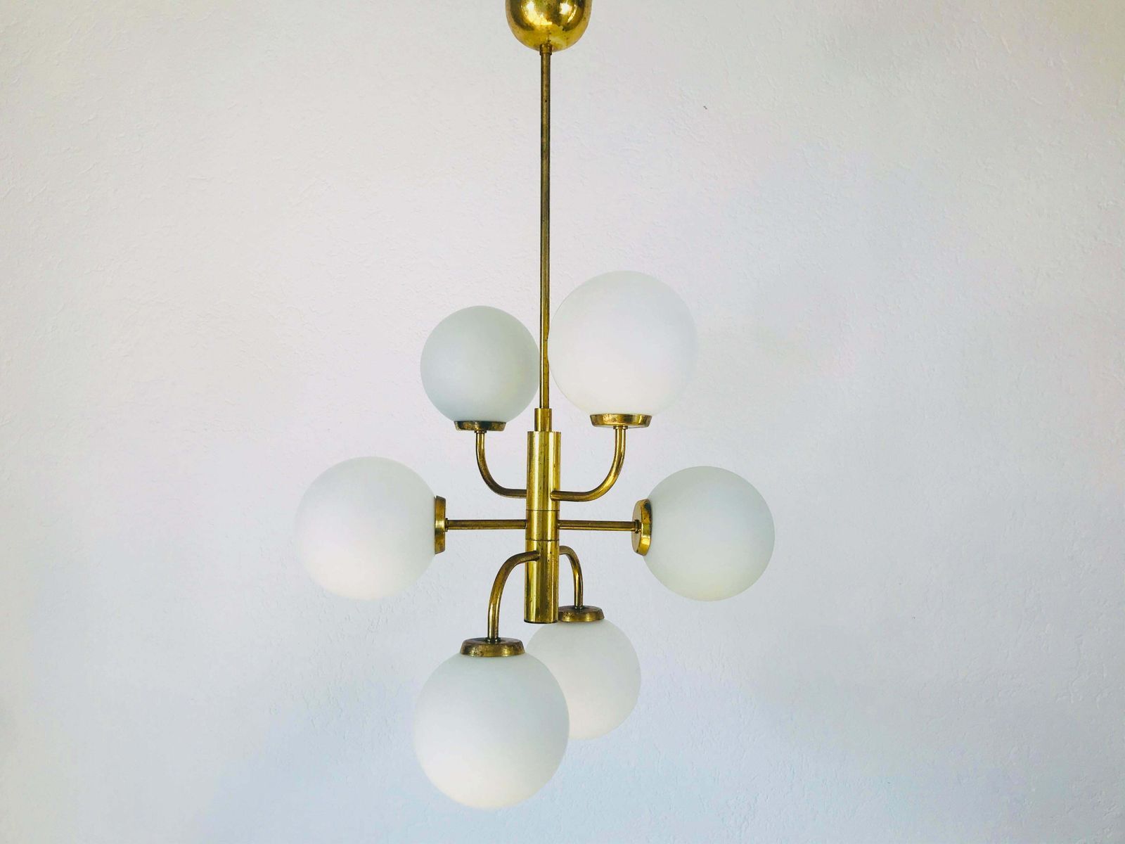 Exceptional Mid Century Modern Brass Kaiser 6 Arm Space Age Chandelier, 1960s photo for sale