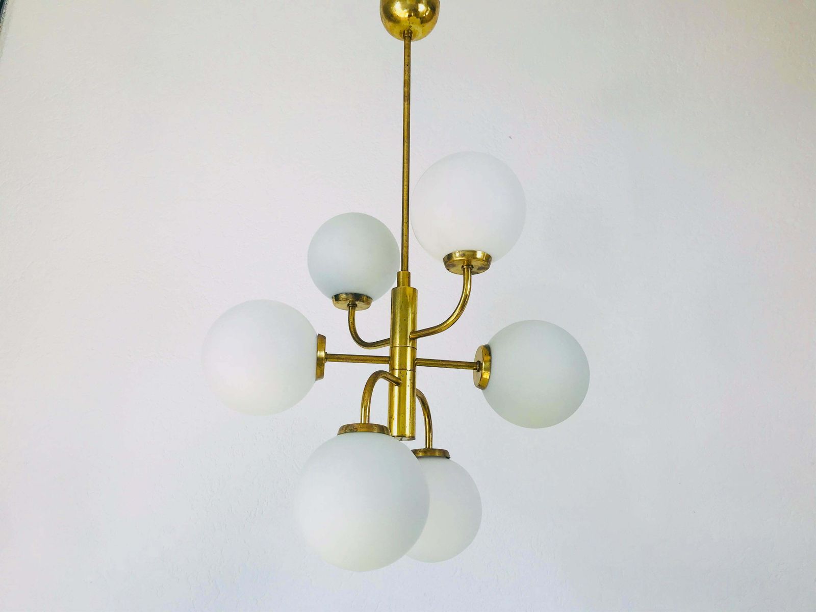Lighting Exceptional Mid Century Modern Brass Kaiser 6 Arm Space Age Chandelier, 1960s photo