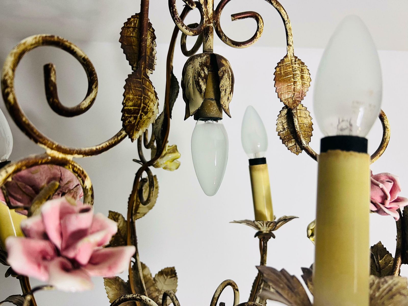 Lighting Brass And Ceramic Florentine Flower Shape Chandelier, Germany, 1970s photo