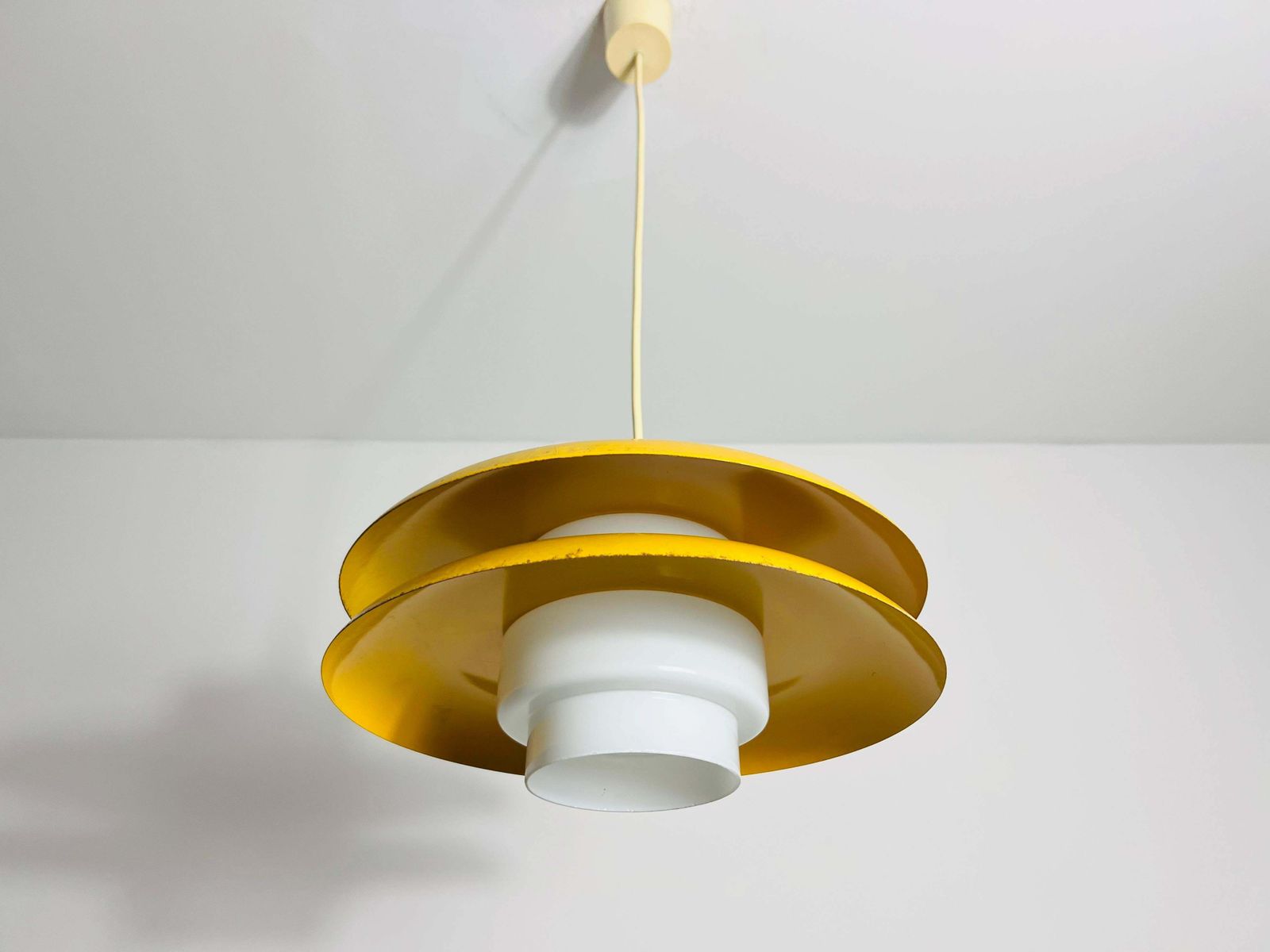 Yellow Metal And Opaline Glas Space Age Pendant Lamp, Germany, 1970s photo vinterior