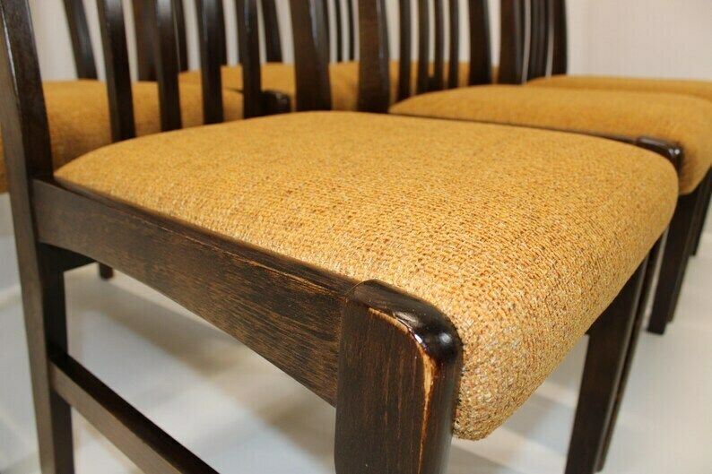 Set Of 6 Wooden Dining Chairs/Mid Century Dine Set 70s/Chairs With Ocher Upholstered Seat/Vintage High Back Dining Chairs photo 1053.0