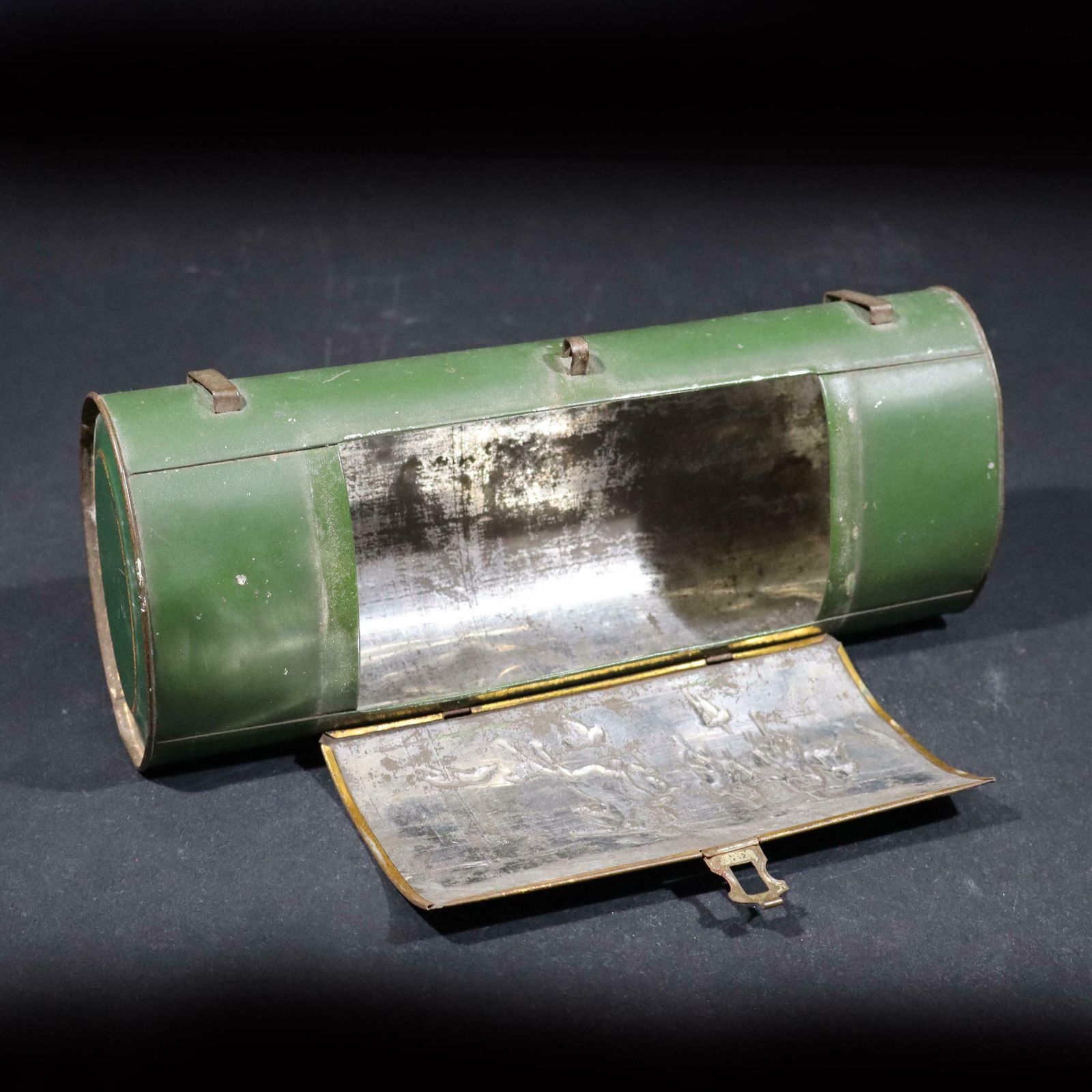 Antique French Tin Botanical Vasculum, Plant Specimen Storage Bag Embossed Tin Box photo vinterior
