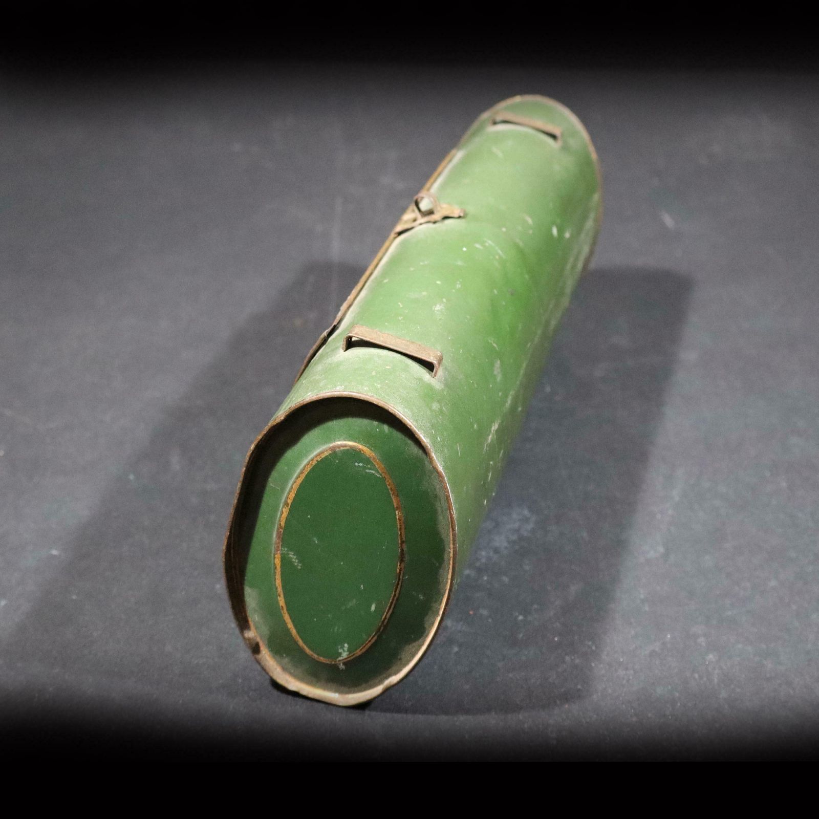 Antique French Tin Botanical Vasculum, Plant Specimen Storage Bag Embossed Tin Box photo vintage