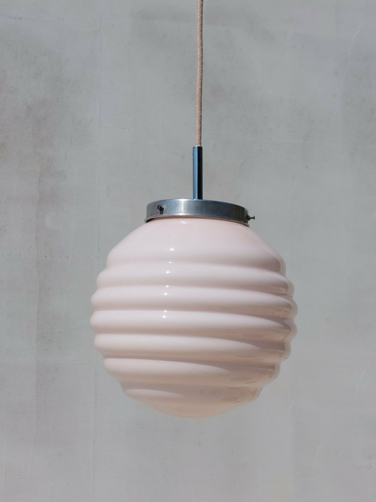 Art Deco Chandelier / Art Deco/ Art Deco Pendant Light/Soft Pink Sphere Globe/ Vintage Italian Lighting /Vintage Ceiling Lamp / Italy /50's photo for sale