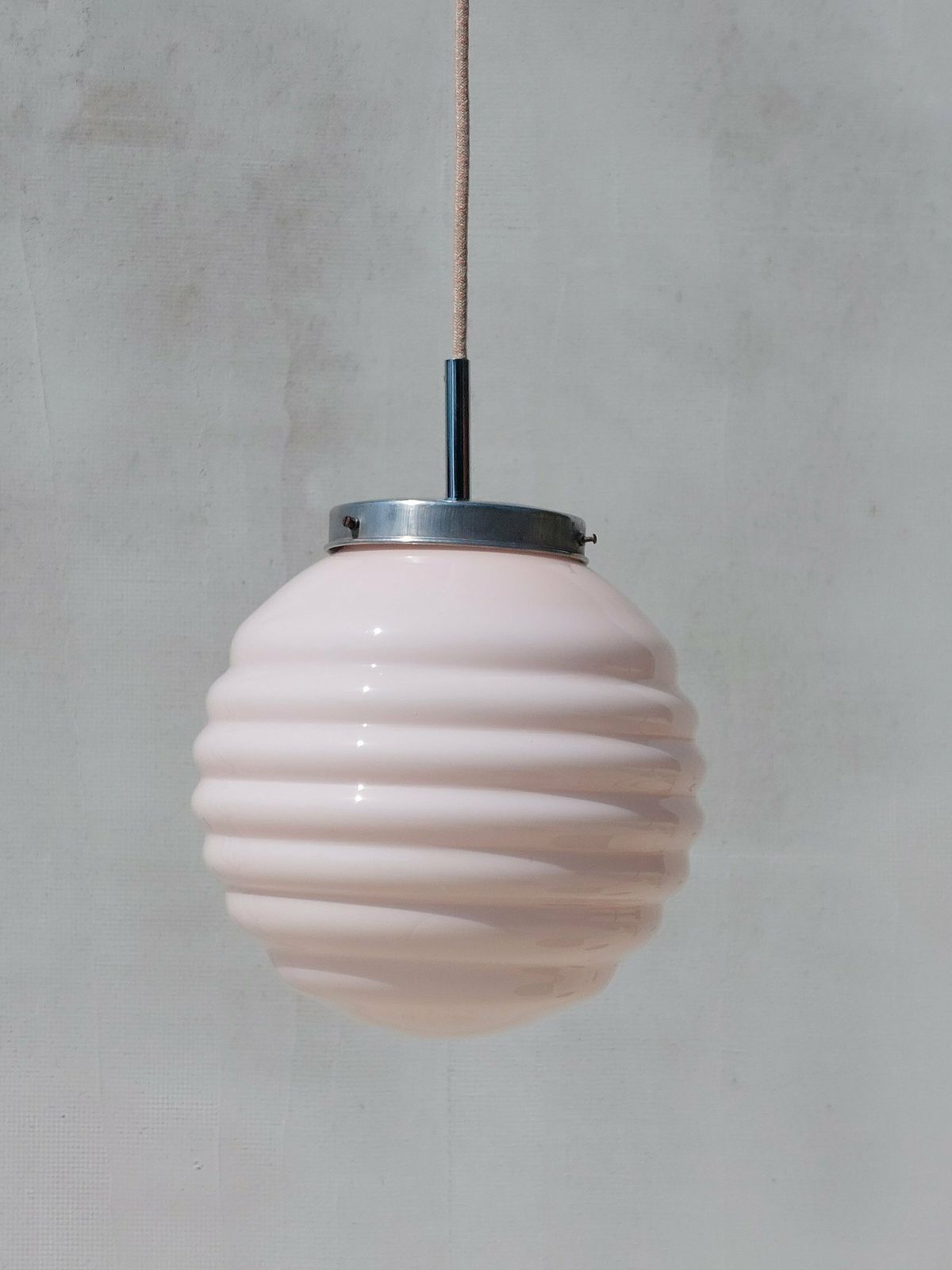 Art Deco Chandelier / Art Deco/ Art Deco Pendant Light/Soft Pink Sphere Globe/ Vintage Italian Lighting /Vintage Ceiling Lamp / Italy /50's photo 294.0