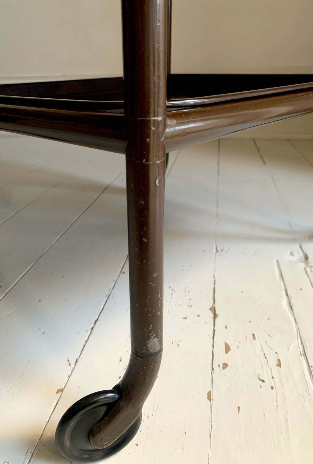 photo buy Mid Century Modern Three Tier Trolley W/ Bakelite Removable Trays In Chocolate Brown