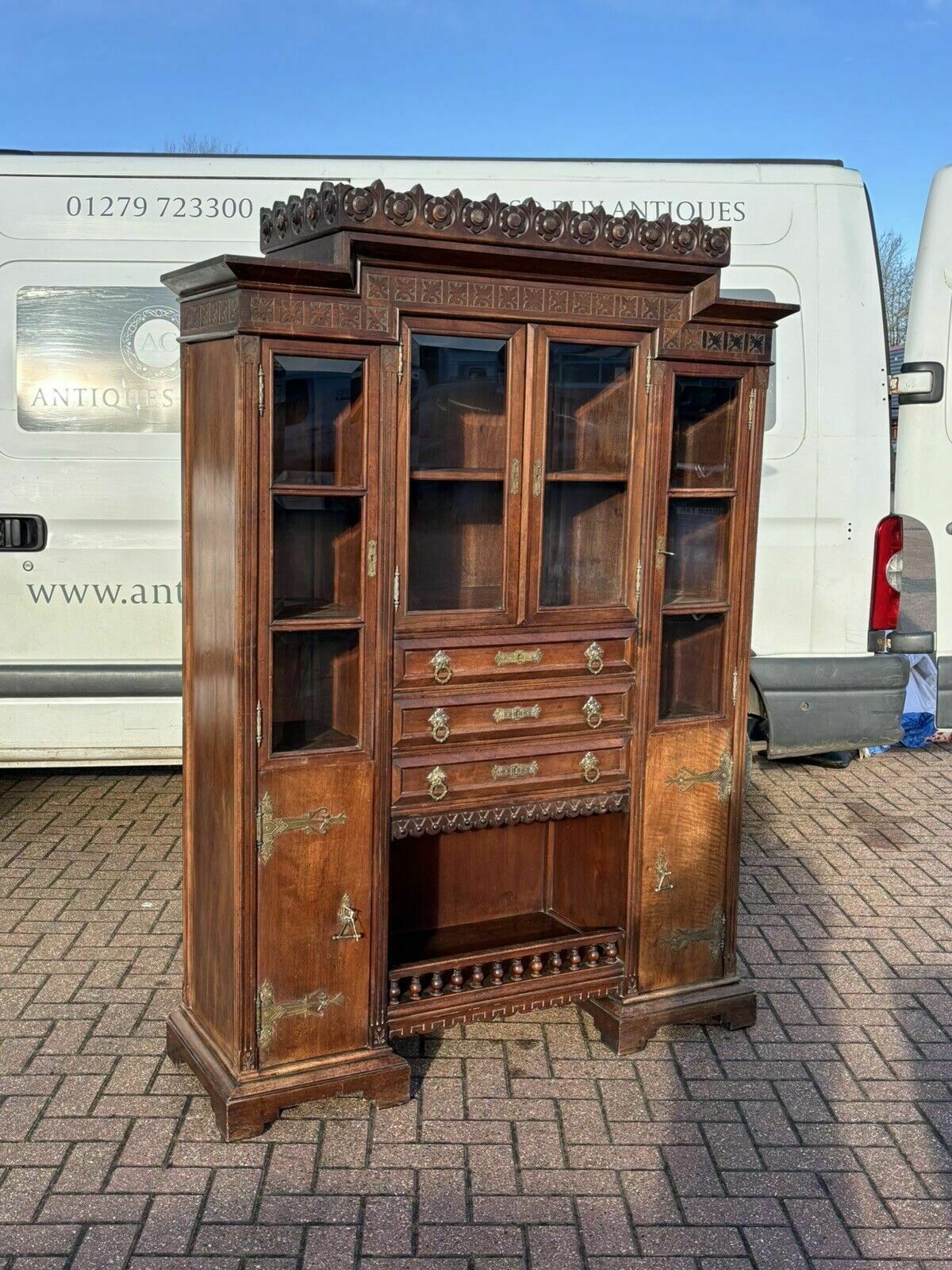 Arts & Crafts French Walnut Bookcase / Cupboard With Fitted Shelves & Drawers photo for sale