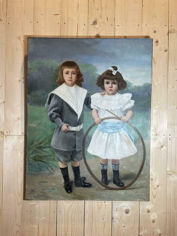 Huile Sur Toile Cyprien Boulet Portrait D'enfants