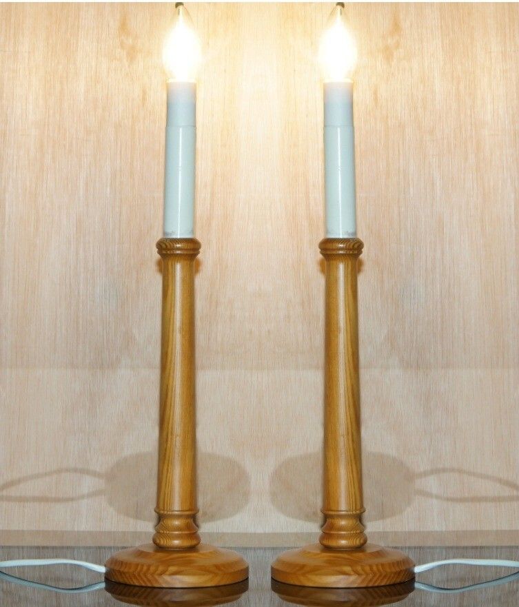 Vintage Pair Of English Tiger Oak Table Lamps With Candle Tops Circa 1970's