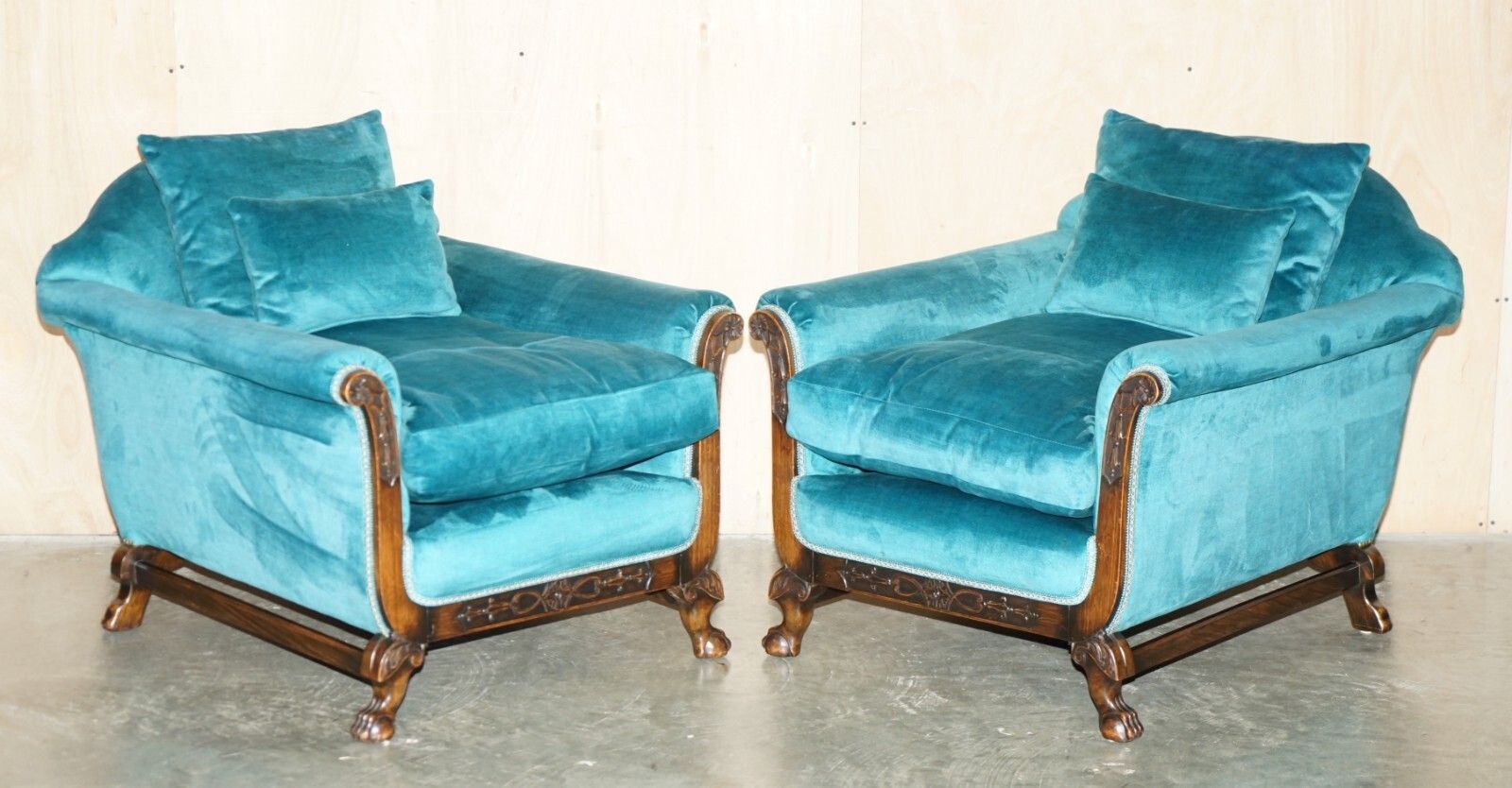 photo for sale Restored Antique Circa 1900 Blue Velvet Claw & Ball Feet Sofa & Armchair Suite