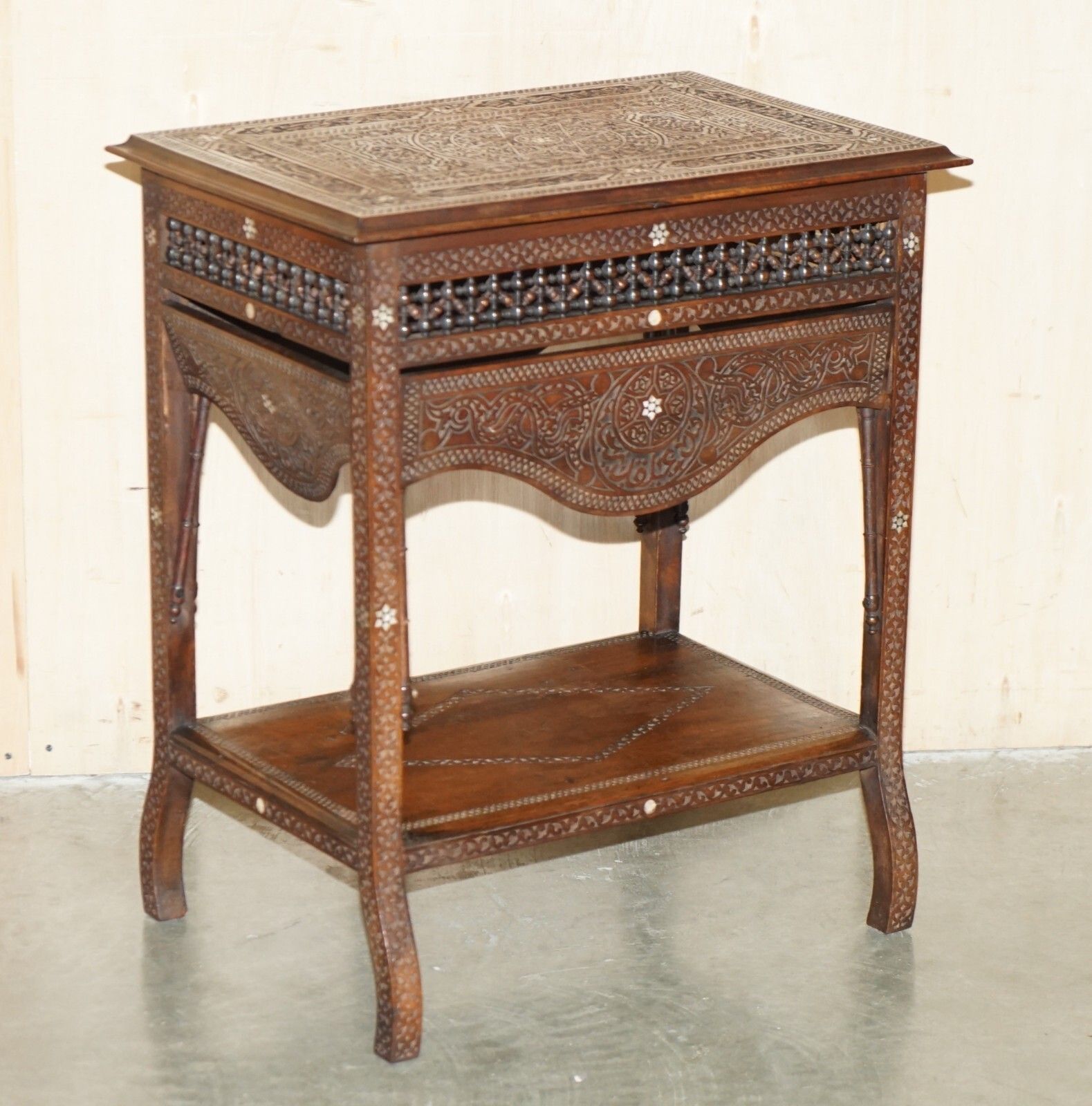Antique Moroccan Hand Carved Liberty's London Mother Of Pearl Silver Tea Table photo furniture