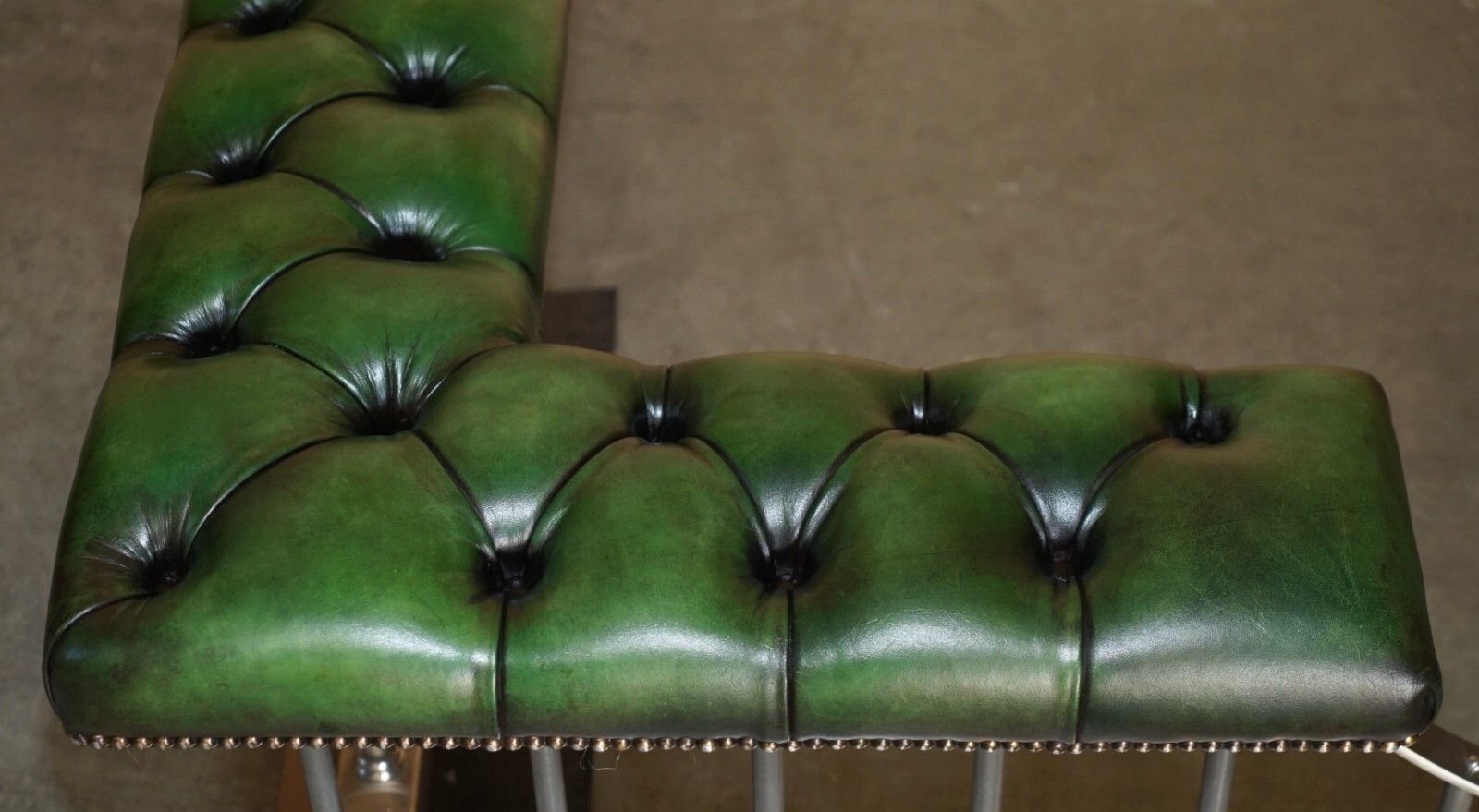 Large 188cm Wide Vintage Chromed Regency Green Leather Chesterfield Club Fender photo vintage