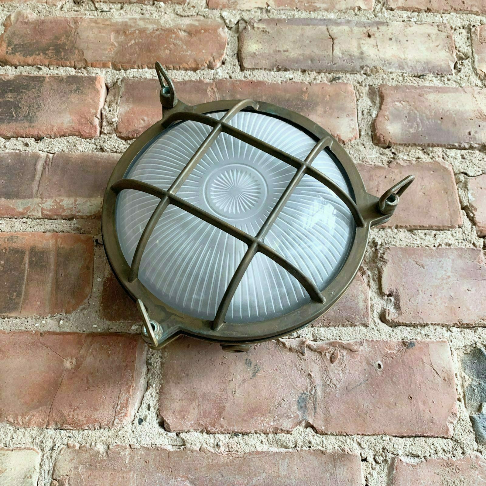 Contemporary Large Aged Brass Round Bulk Head Wall Light photo buy