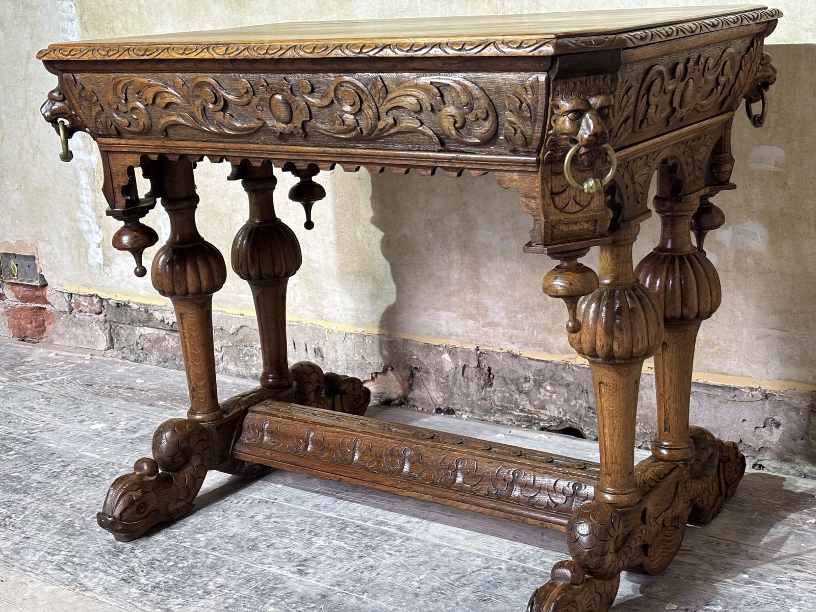 Flemish Carved Oak Dolphin And Lion Table
