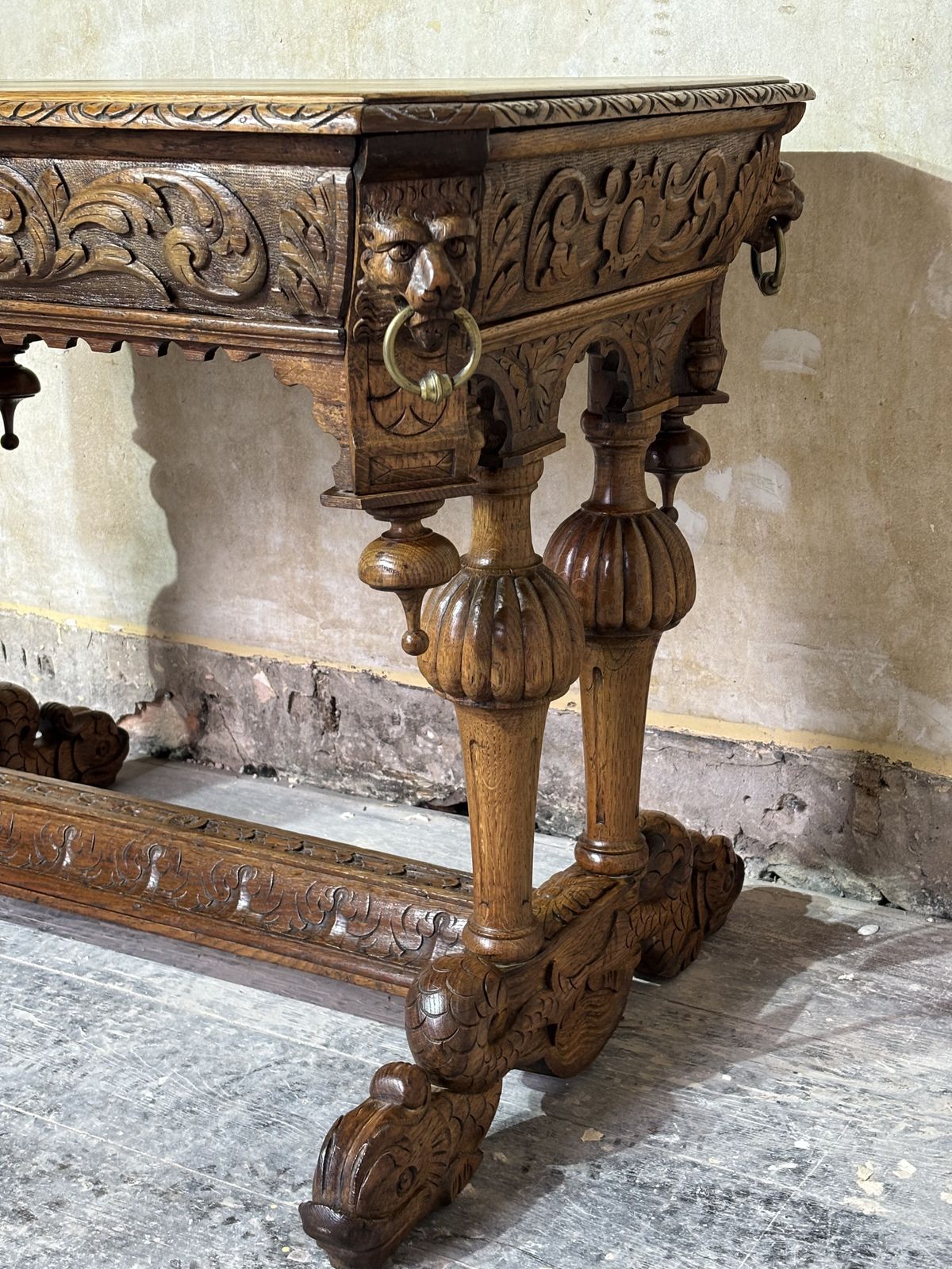 Flemish Carved Oak Dolphin And Lion Table photo vintage