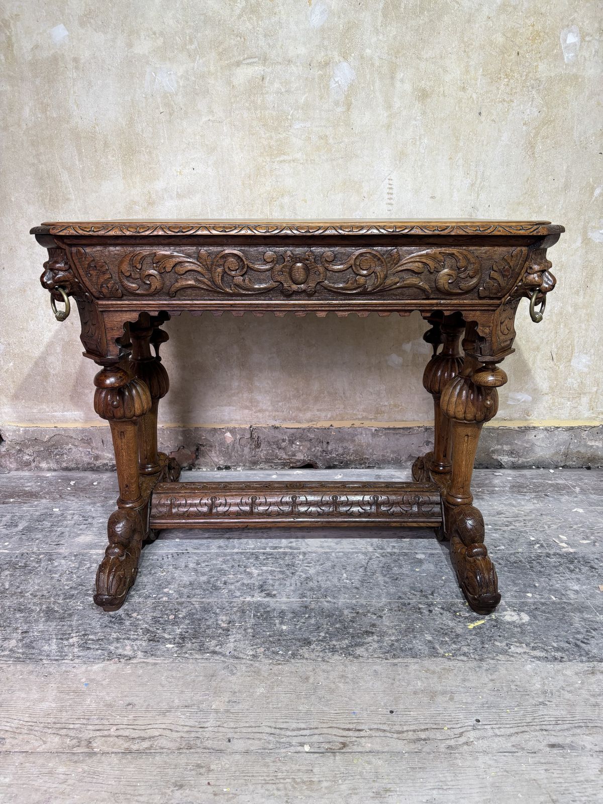 Furniture Flemish Carved Oak Dolphin And Lion Table photo