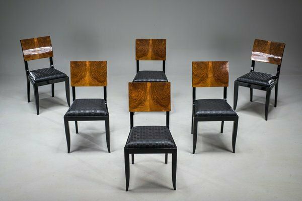 photo vinterior Art Deco French Walnut & Burl Dining Set, 1930s, Set Of 7
