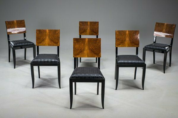 photo vintage Art Deco French Walnut & Burl Dining Set, 1930s, Set Of 7