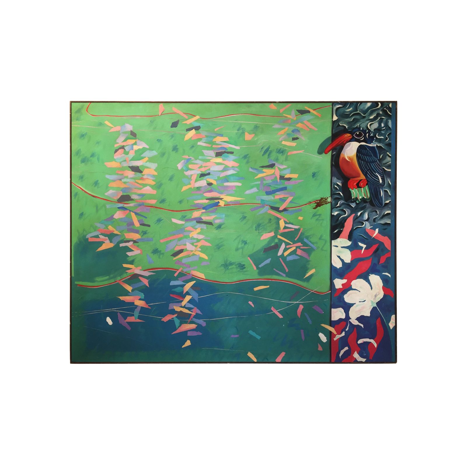 Richard Frank 'Kingfisher's Kotillion' Painting, Oil On Canvas 1980 Miami Art Exotic Jungle