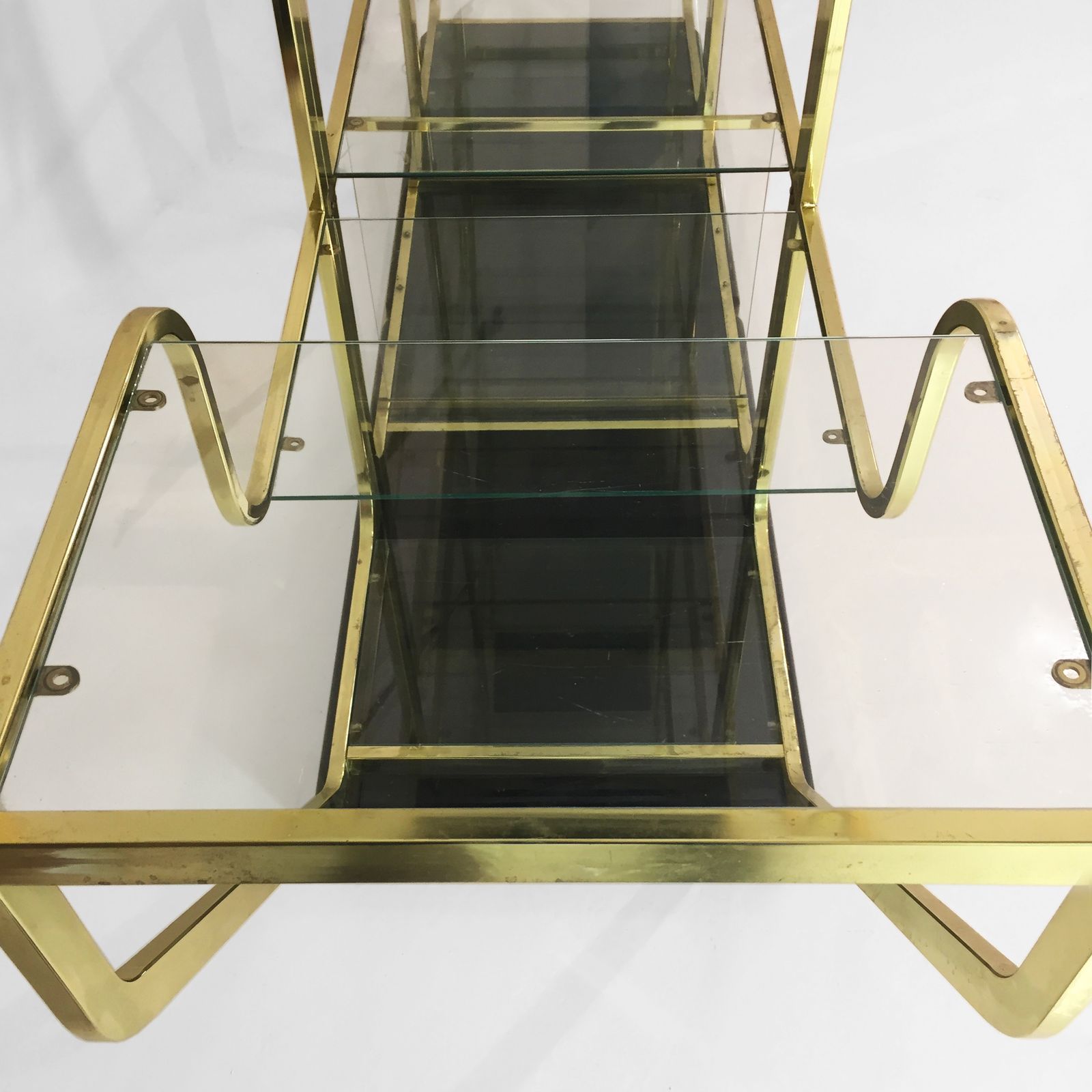 photo for sale Romeo Rega Manner Brass Glass Octagonal Etagere Hollywood Regency 70s Midcentury Black Lacquered