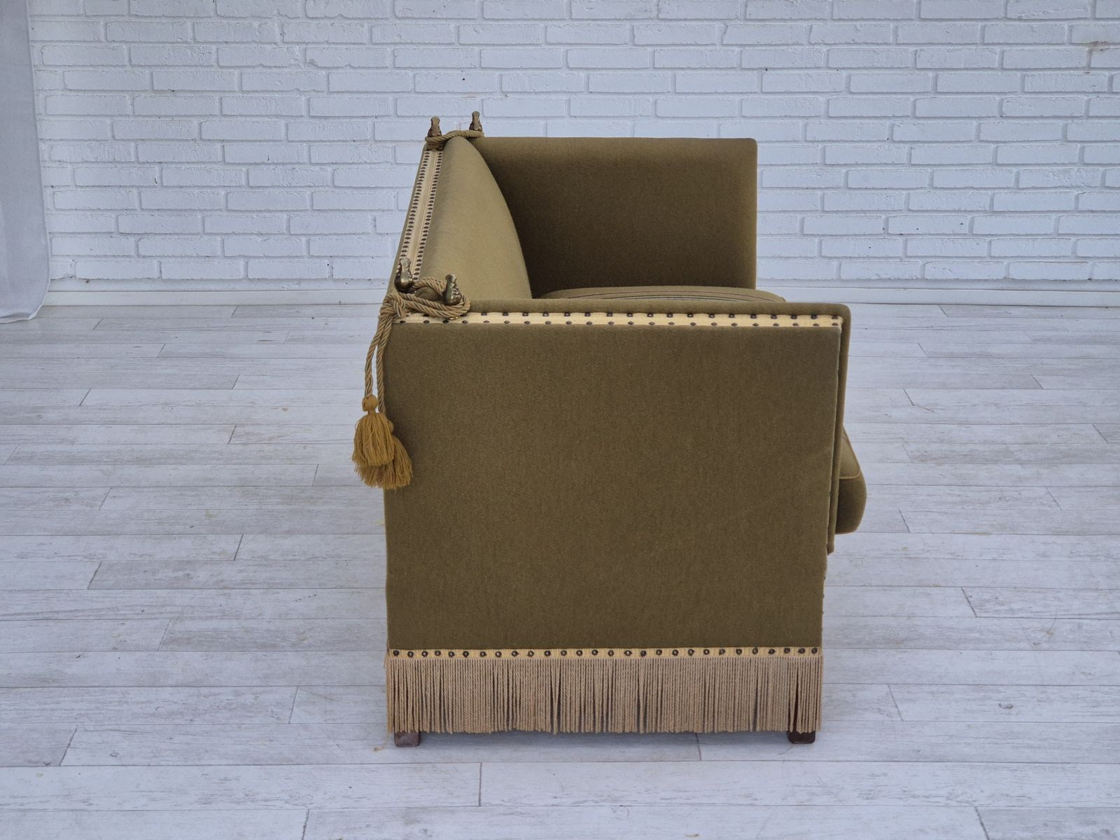 photo for sale 1960s, Danish Velour 2 Seater Drop Arm Sofa, Wool, Original Condition.