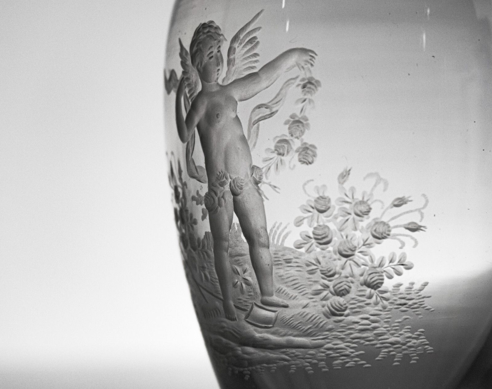 French 19th Century Eugene Michel Miniature Intaglio Carved Glass Vase With Cherub Gardening Scene photo for sale