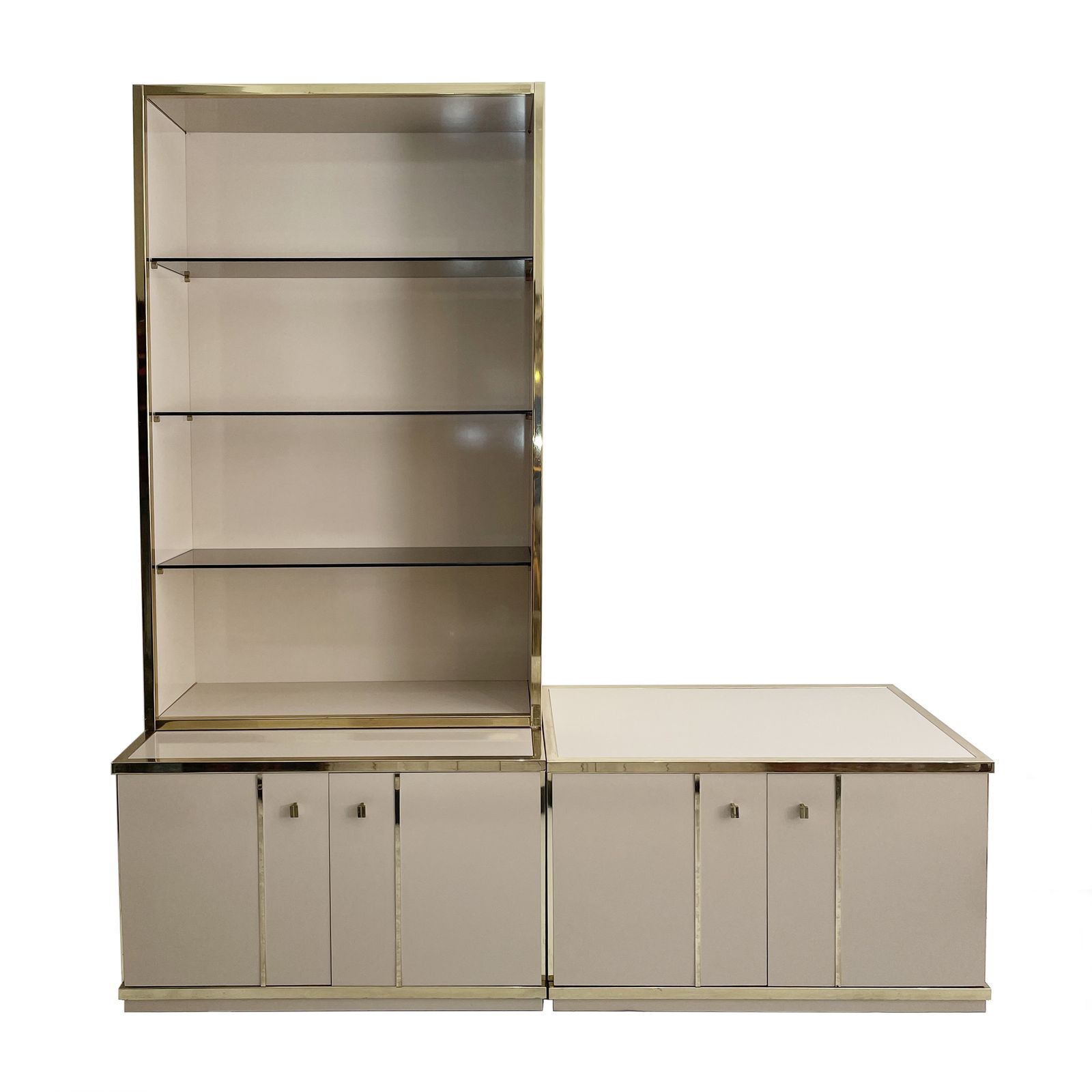 Renato Zevi Beige Brass Display Cabinet 70s Hollywood Regency Midcentury Glass