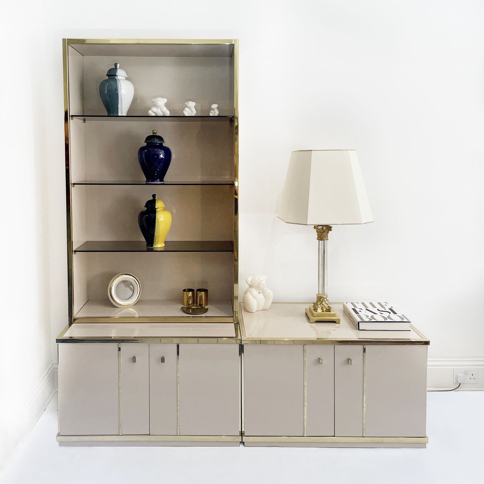 Renato Zevi Beige Brass Display Cabinet 70s Hollywood Regency Midcentury Glass photo for sale