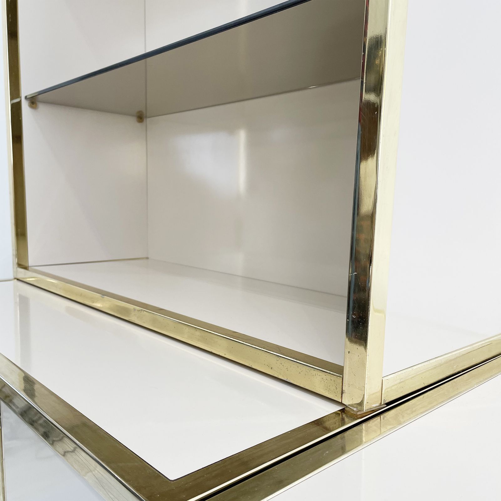 photo for sale Renato Zevi Beige Brass Display Cabinet 70s Hollywood Regency Midcentury Glass