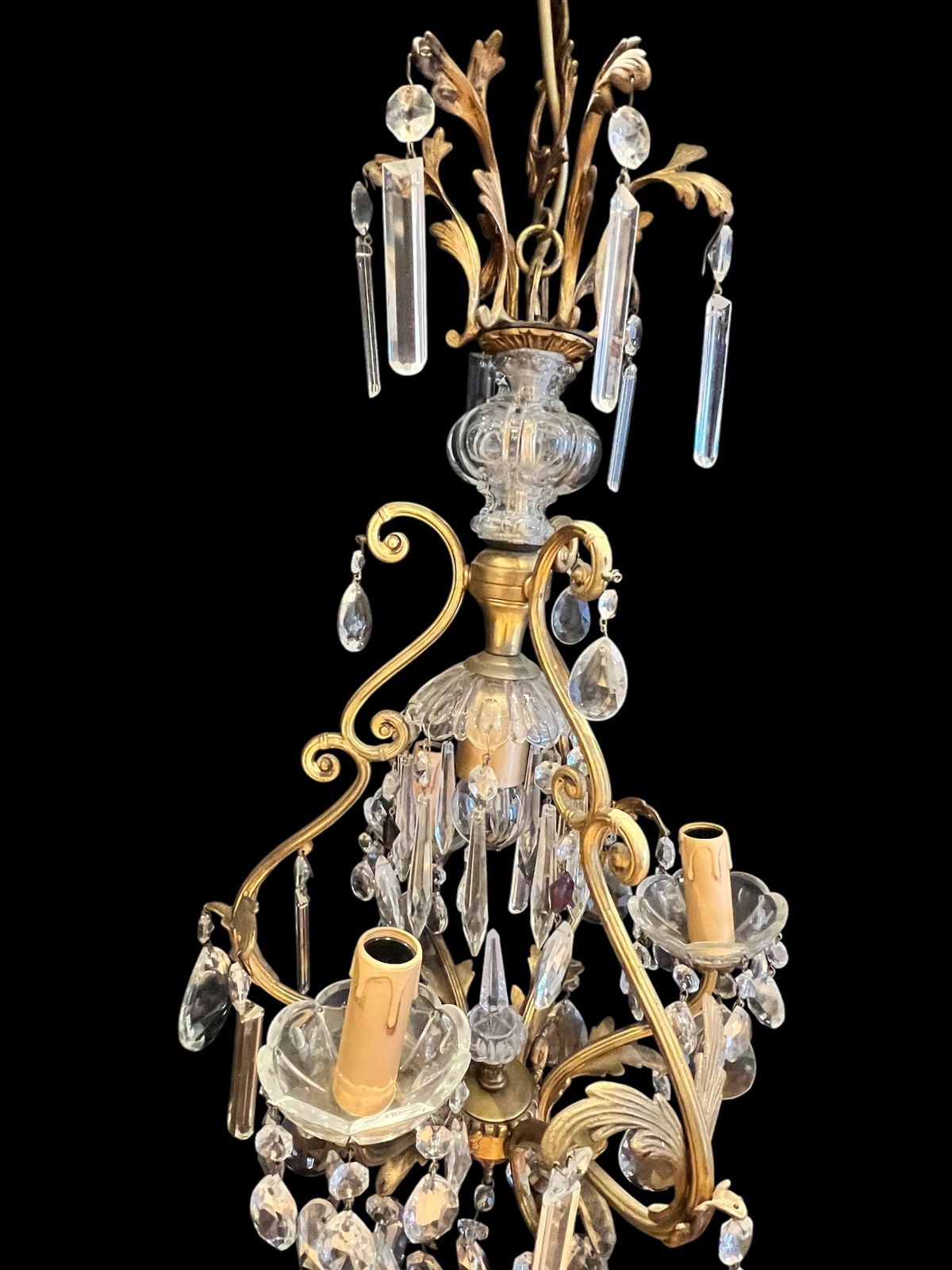 A Pair Of Gilt Florentine Four Light Antique Crystal Chandeliers photo buy