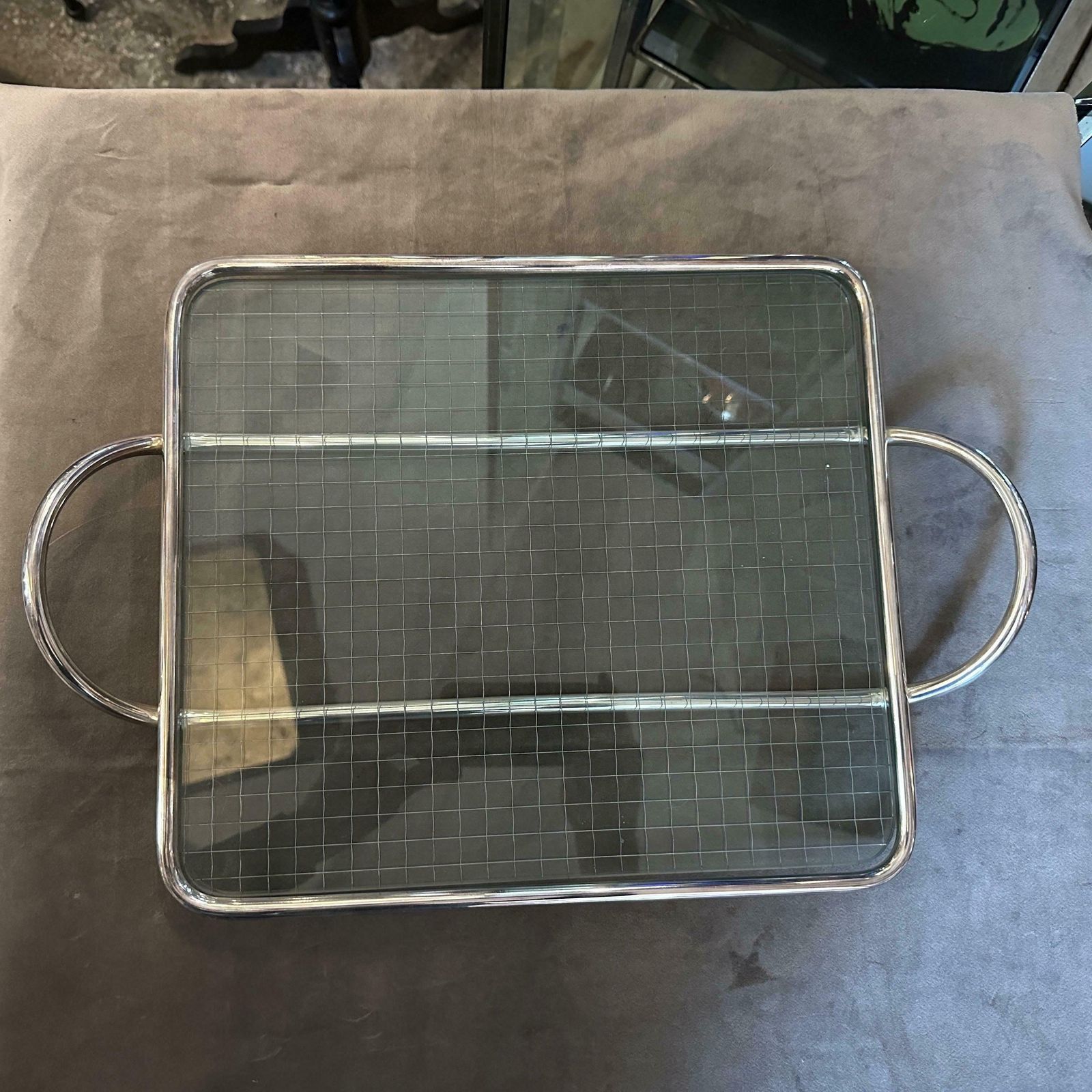 1990s Modern Lino Sabattini Clear Glass And Silver Plated Bar Tray photo furniture