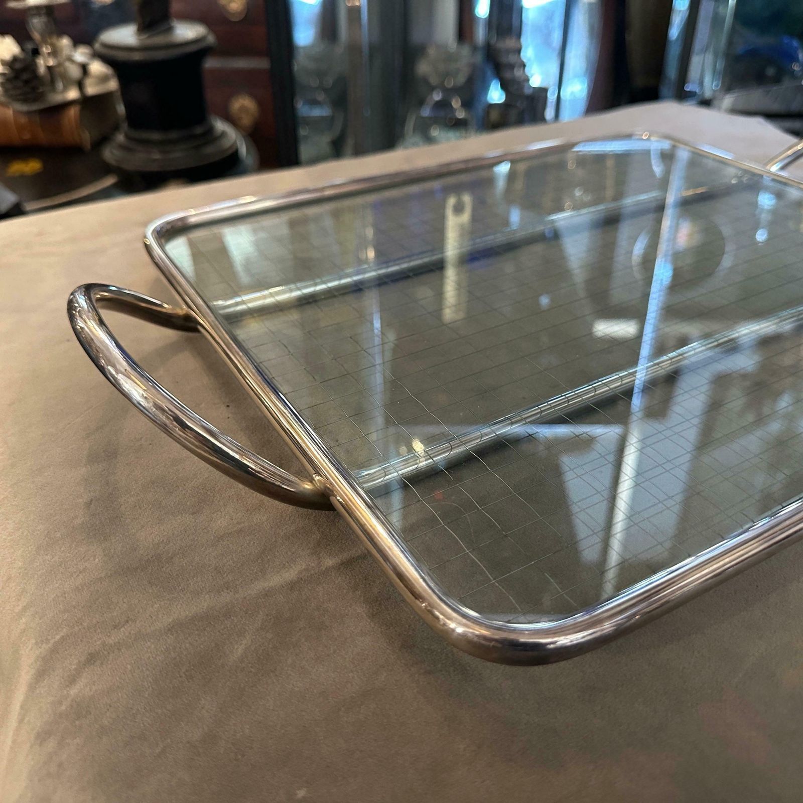 1990s Modern Lino Sabattini Clear Glass And Silver Plated Bar Tray photo vintage