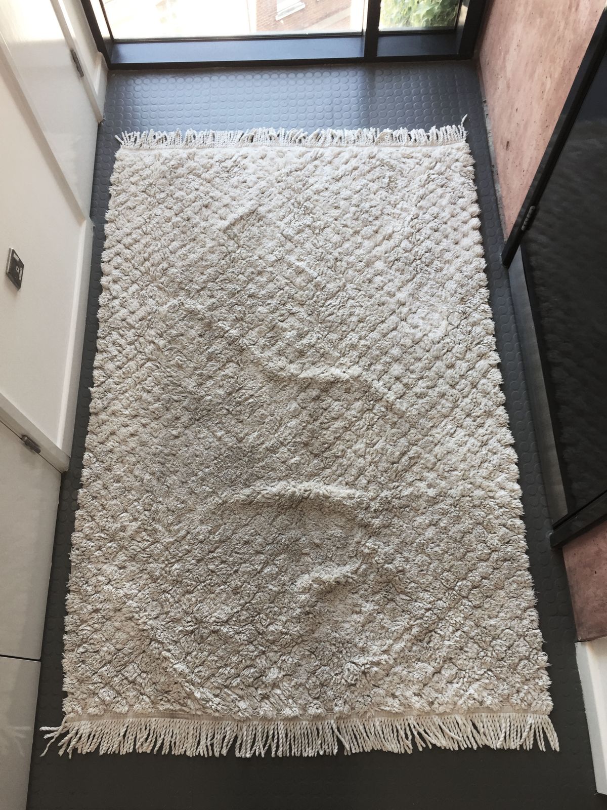 Vintage Off White Diamond Shapes Cotton Rug Scandinavian Midcentury Berber Style photo Textiles