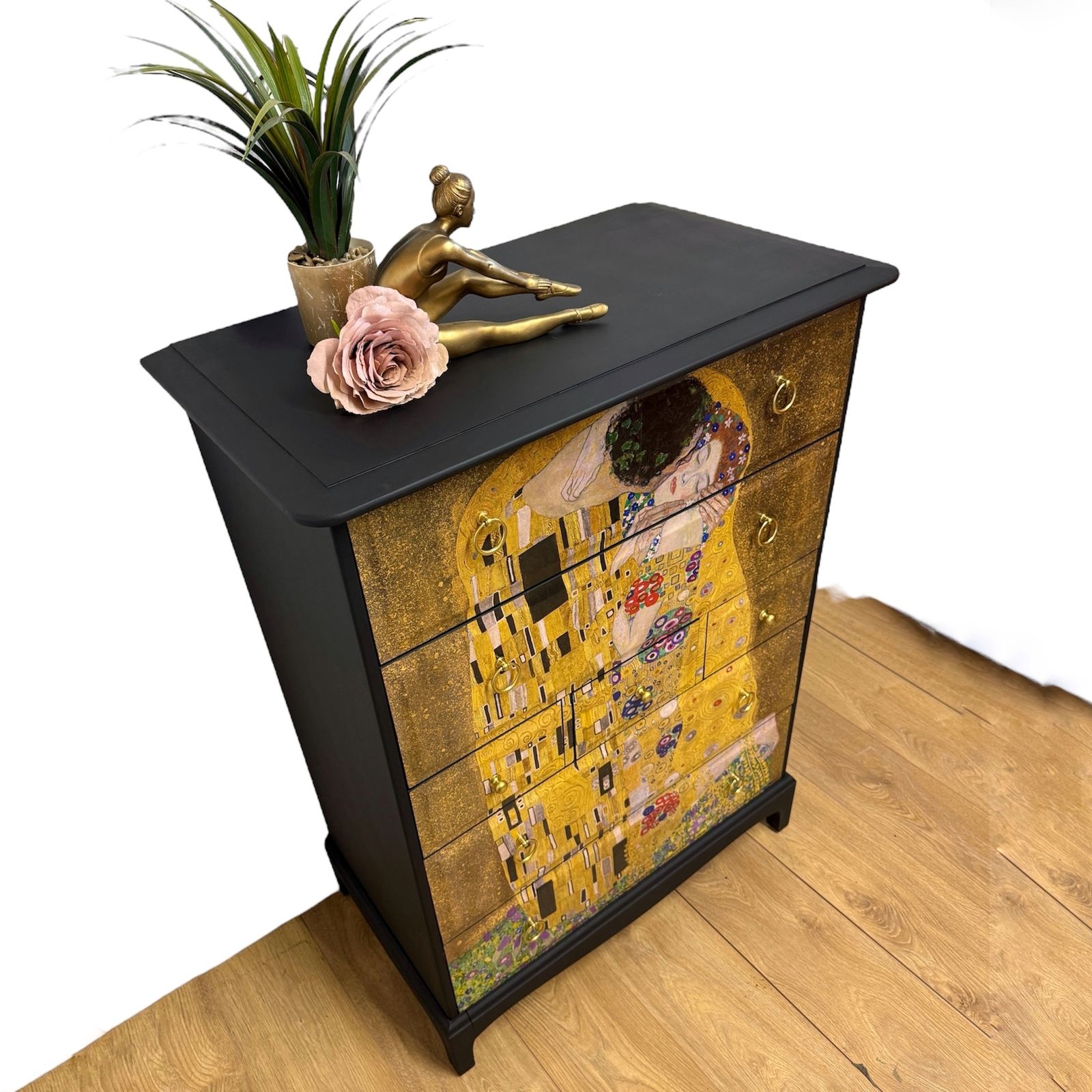 Made To Order Stunning Refinished Stag Minstrel Tallboy Chest Of Drawers, Black With Gustav Klimt The Kiss Design, Vintage Sideboard, Dresser, Bedroom photo furniture