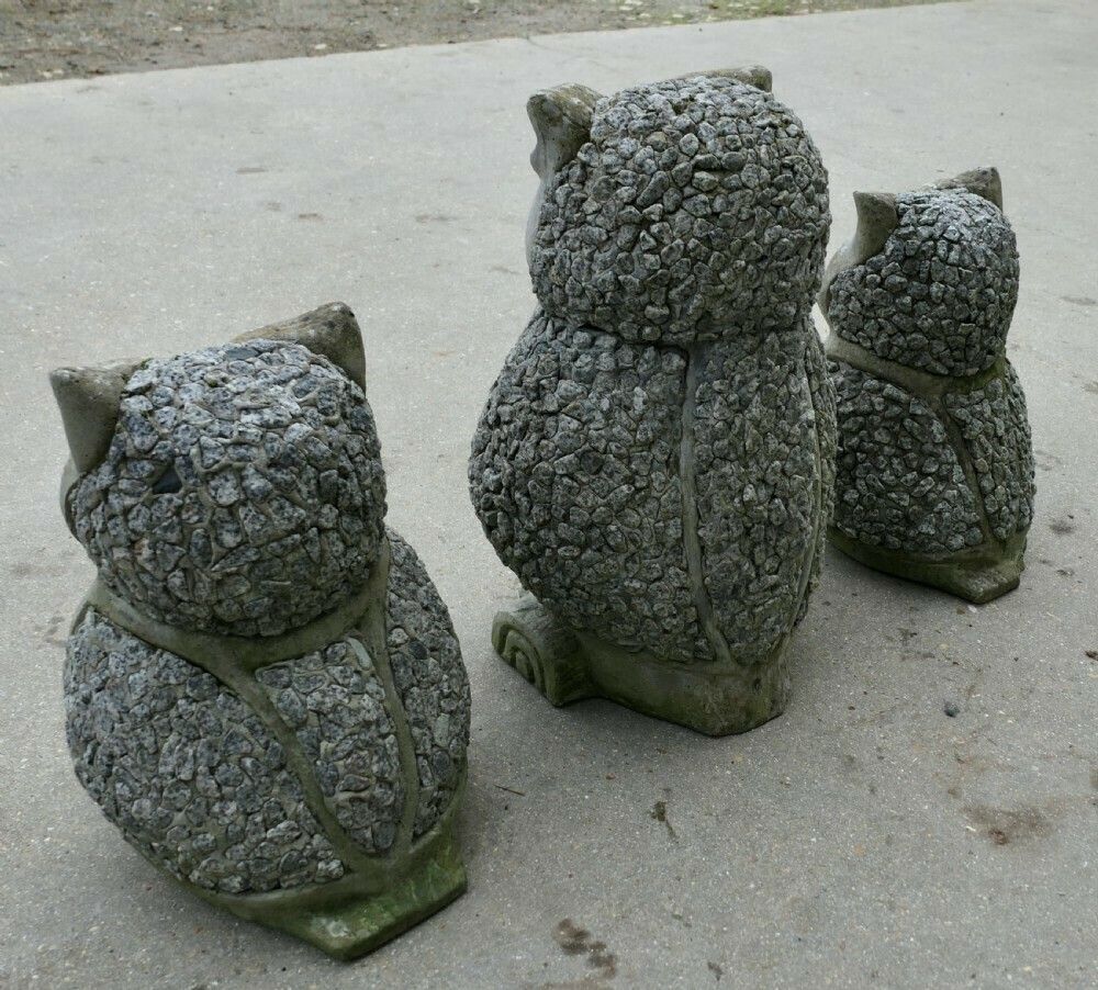 A Family Of 3 Weathered Granite Owls photo vinterior