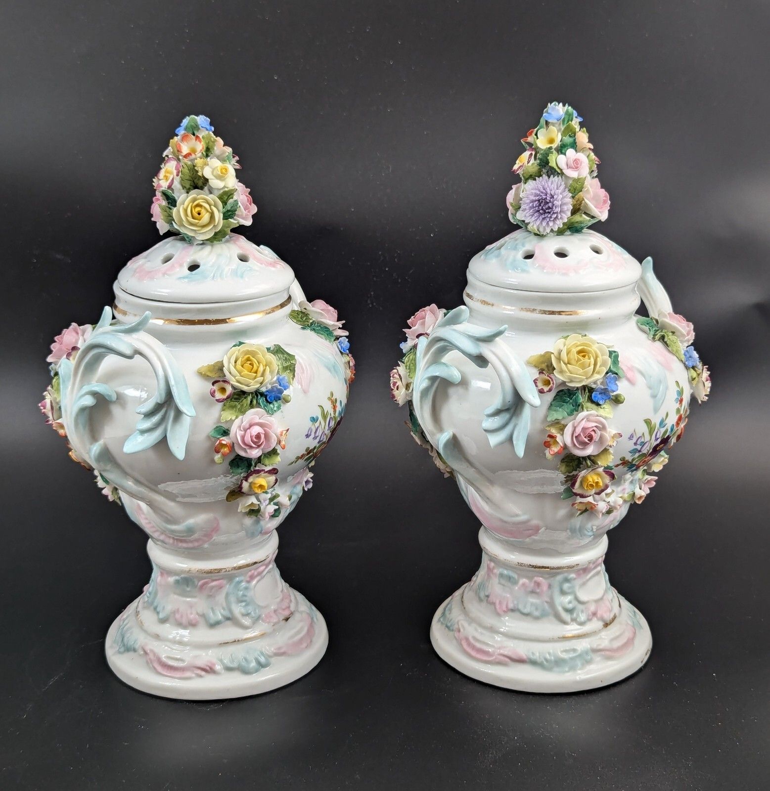 Sitzendorf Porcelain Potpourri Vases, Dresden, C. 1885 photo vintage