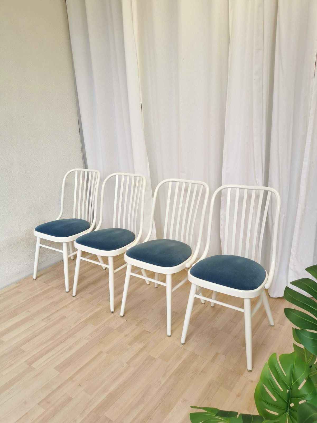 Set Of 4 Vintage Bentwood Dining Chairs / 1980s Yugoslavia / Made In Ligna Style White Wooden Mid Century Dine Chairs With Blue Fabric Seat photo furniture