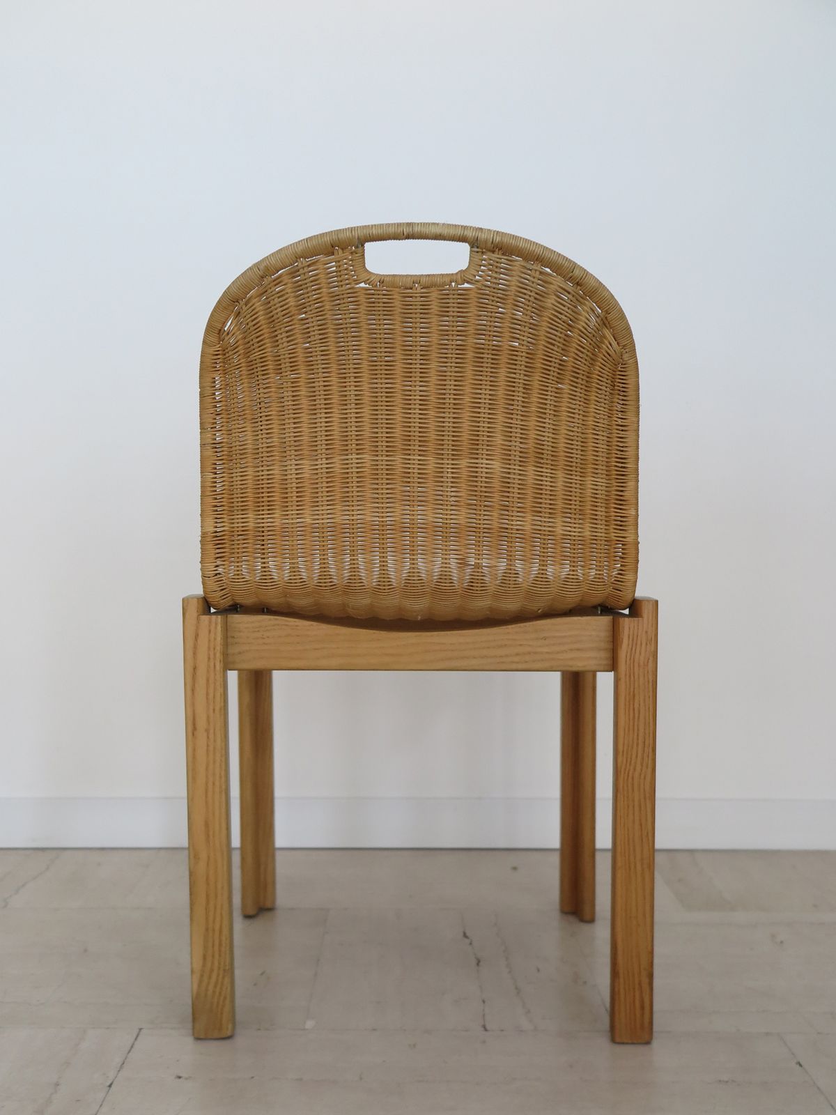 photo for sale Luciano Bertoncini For Bellato Italian Wood And Wicker Dining Chairs 1970s